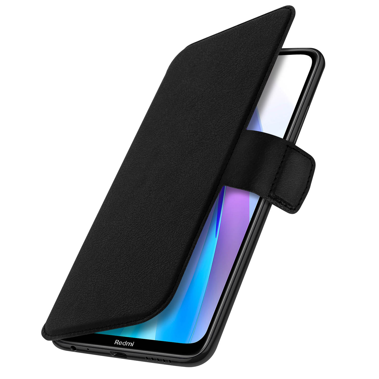 Custodia nera parzialmente aperta, rivelando lo schermo. Coperchio nero sul telefono.