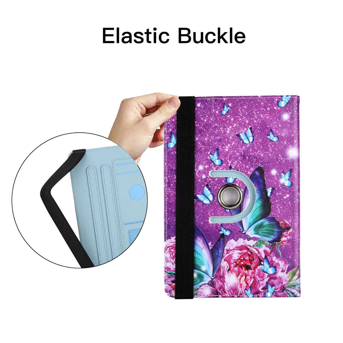 Eine Tablet-Hülle, lila mit Schmetterlingskunst, gehalten von einer Hand. Eine elastische Schnalle ist sichtbar.