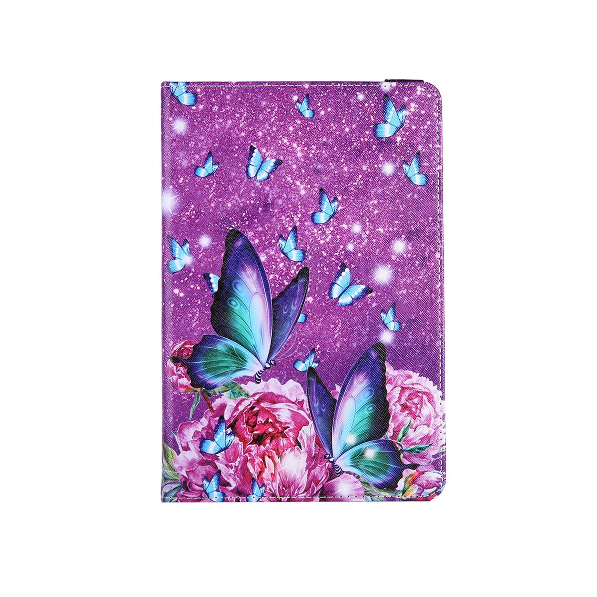 Eine lila Tablethülle mit Schmetterlingen und Blumen, mit einem funkelnden Hintergrund.