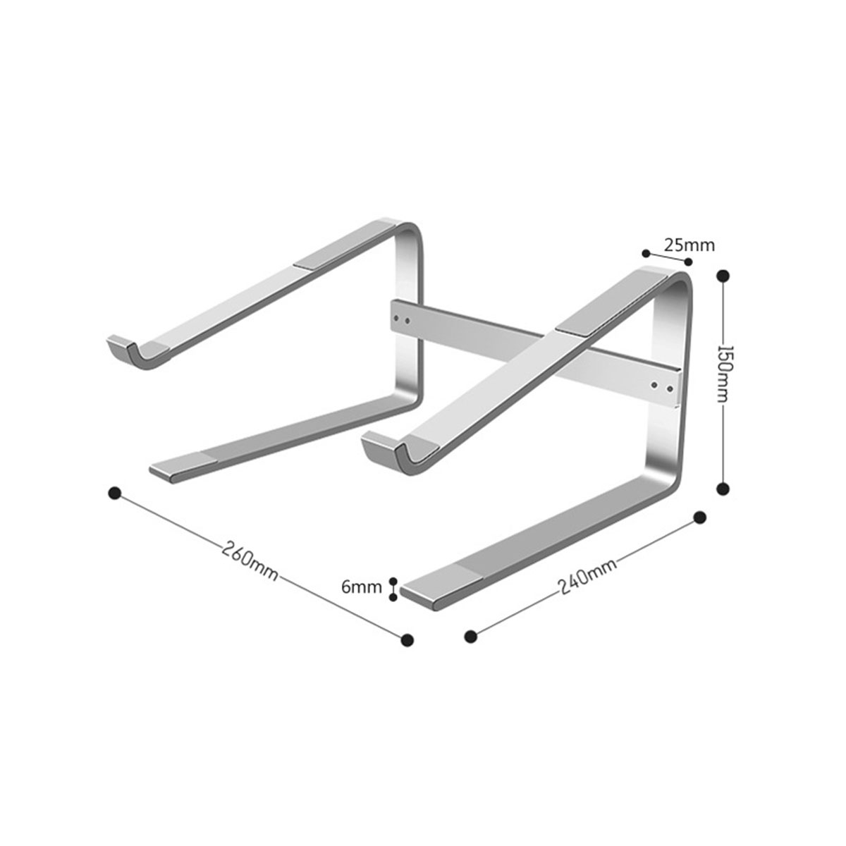 Ein silberner Laptopständer mit angegebenen Abmessungen: 260mm, 240mm, 150mm und 25mm, mit 6mm Spalt.