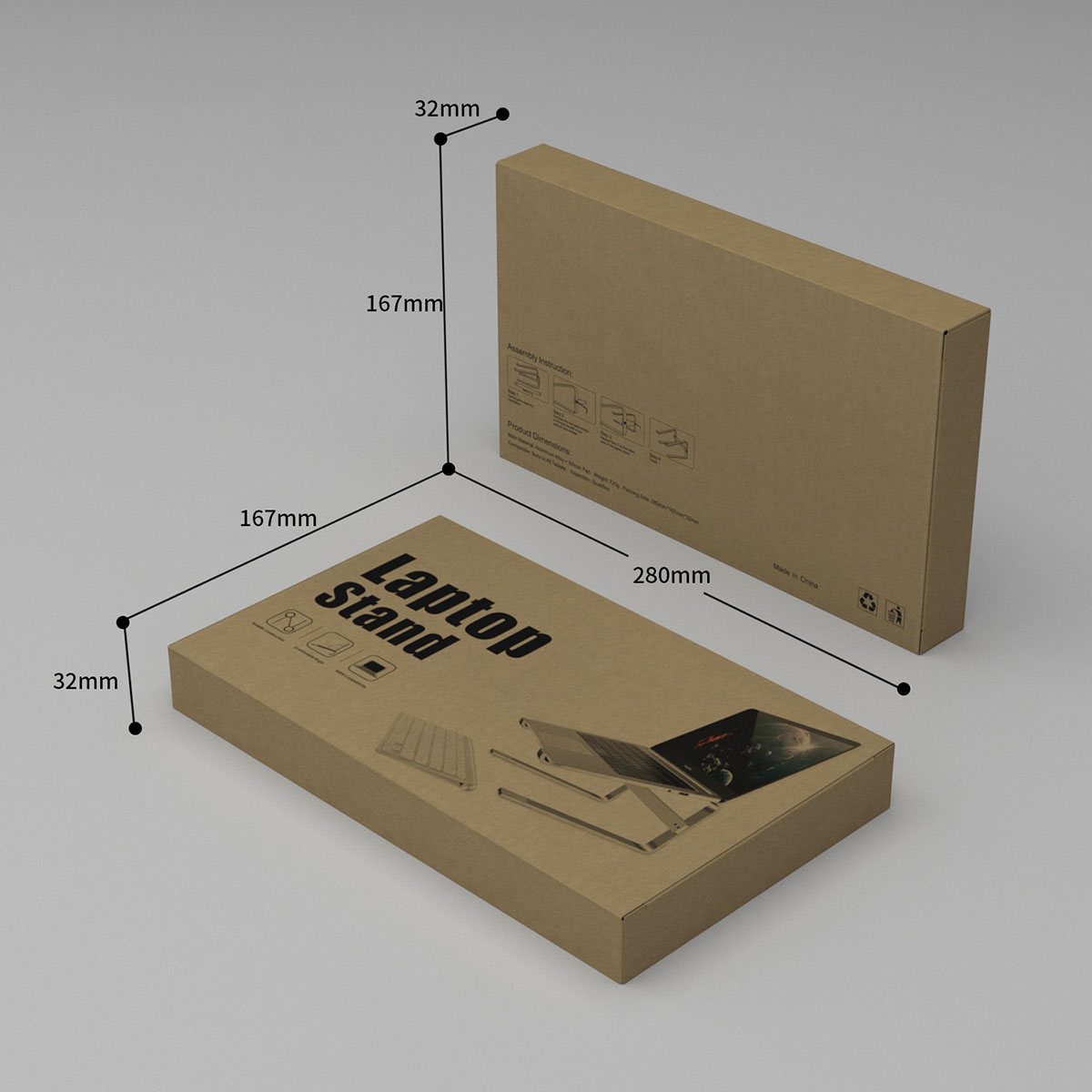 Karton-Laptop-Ständerboxen mit Abmessungen und Produktdetails.
