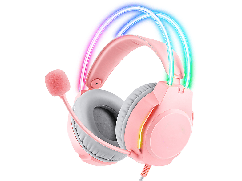 BRIGHTAKE Surround Sound Gaming Headset, Komfort, RGB, Mehrfachkompatibilität, Geräuschunterdrückung, Over-ear Kopfhörer Rosa