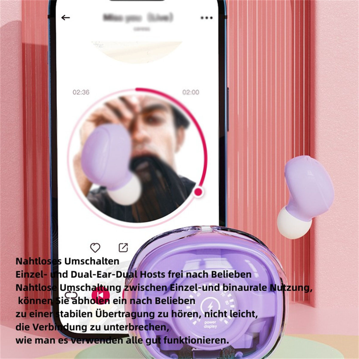 Ohrhörer mit Telefonbildschirm, der eine Person zeigt. Lila Ohrhörer und Gehäuse rechts.