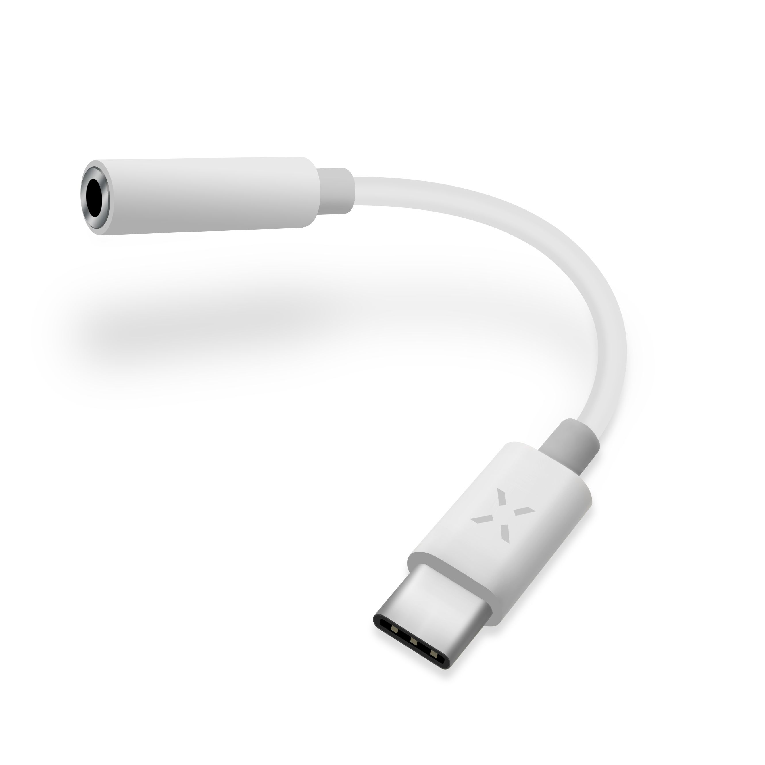 Weißes USB-C-zu-3,5-mm-Audioadapterkabel, mit weißem Hintergrund.