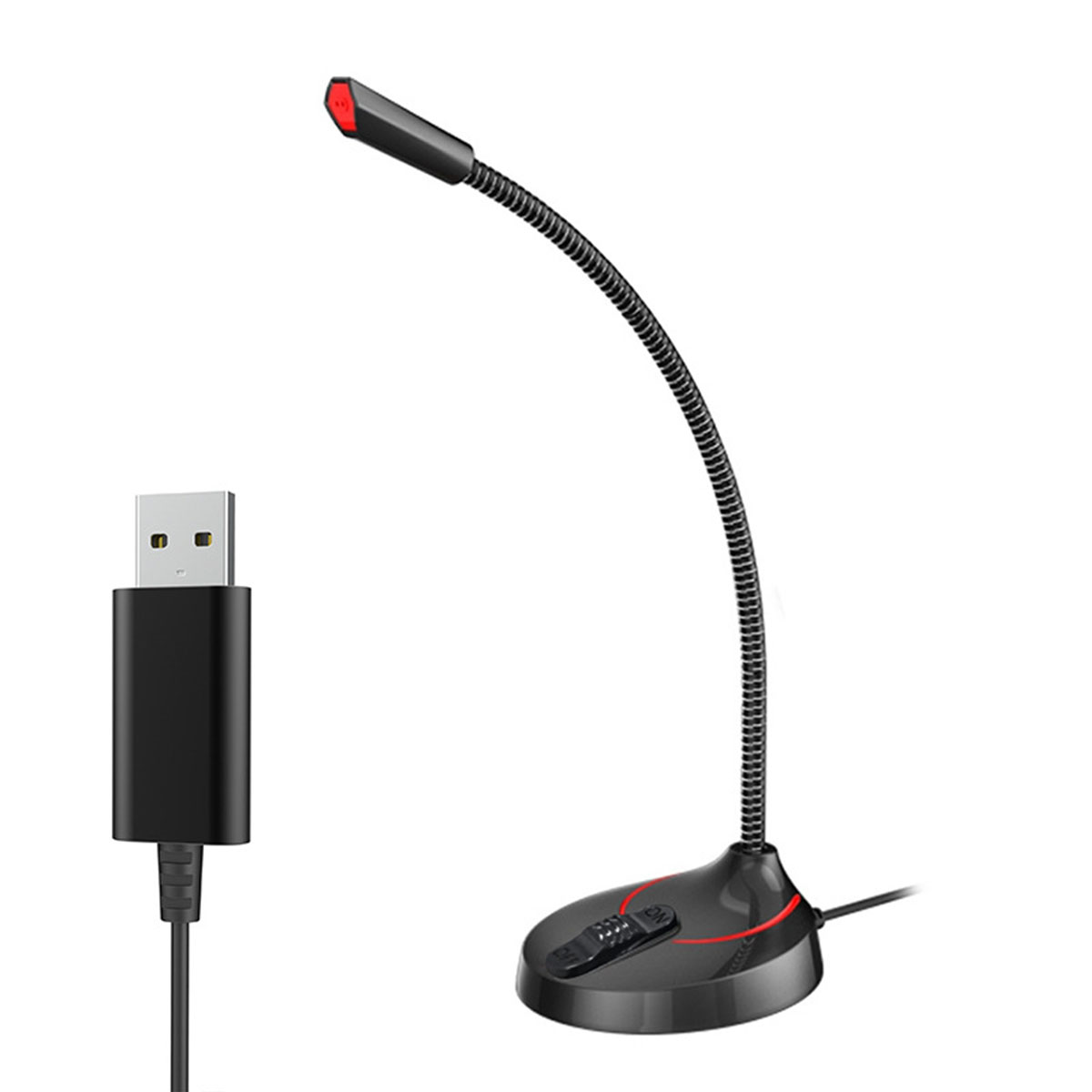 Schwarzes Mikrofon auf flexiblem Arm, USB-Stecker, rotes Licht, schwarzer Sockel, weißer Hintergrund.