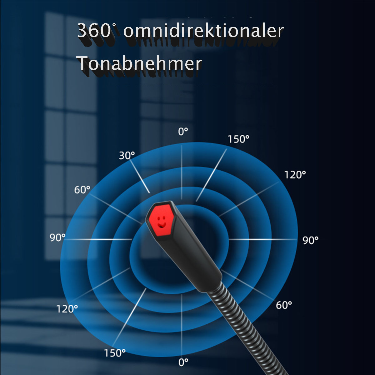 Schwarzes Mikrofon mit roter Anzeige, umgeben von blauen radialen Linien auf dunklem Hintergrund.