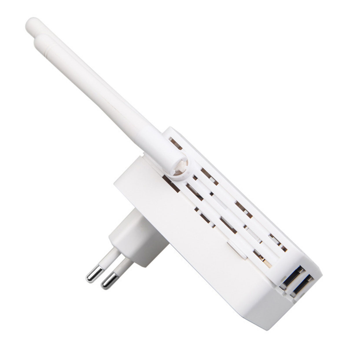 Ein weißer WLAN-Repeater mit zwei Antennen und Stecker-Design wird gezeigt.