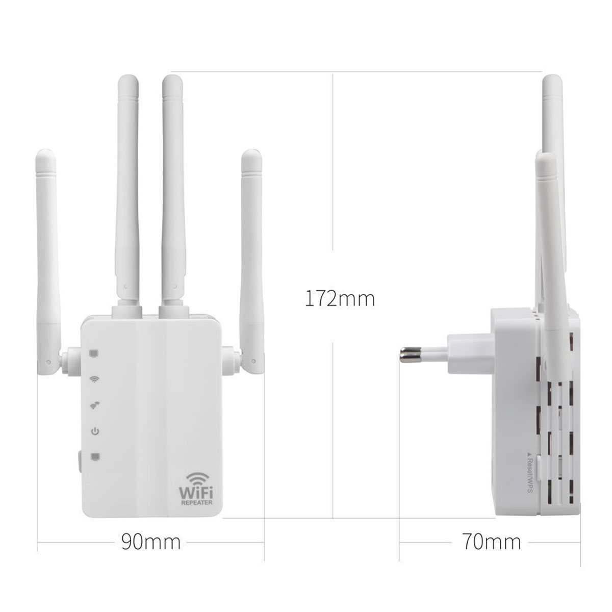 Ein weißer WLAN-Repeater mit Antennen, mit Abmessungen. Er hat 4 Antennen und einen Stecker.