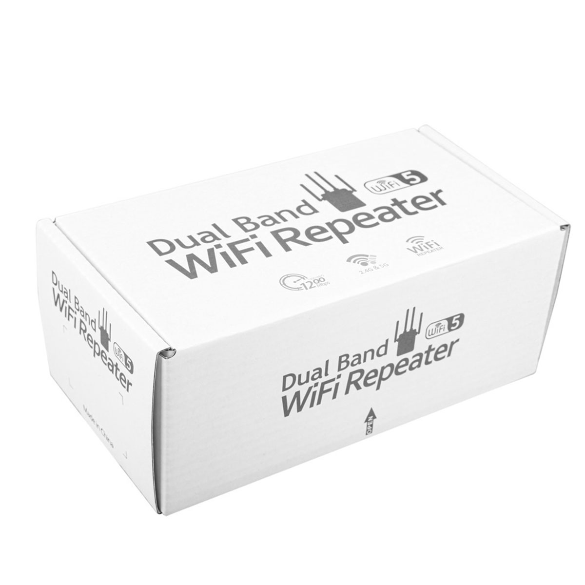 Eine weiße Box mit der Aufschrift "Dual Band WiFi Repeater". Es hat das WiFi 5 Logo und anderer Text. Weißer Hintergrund.