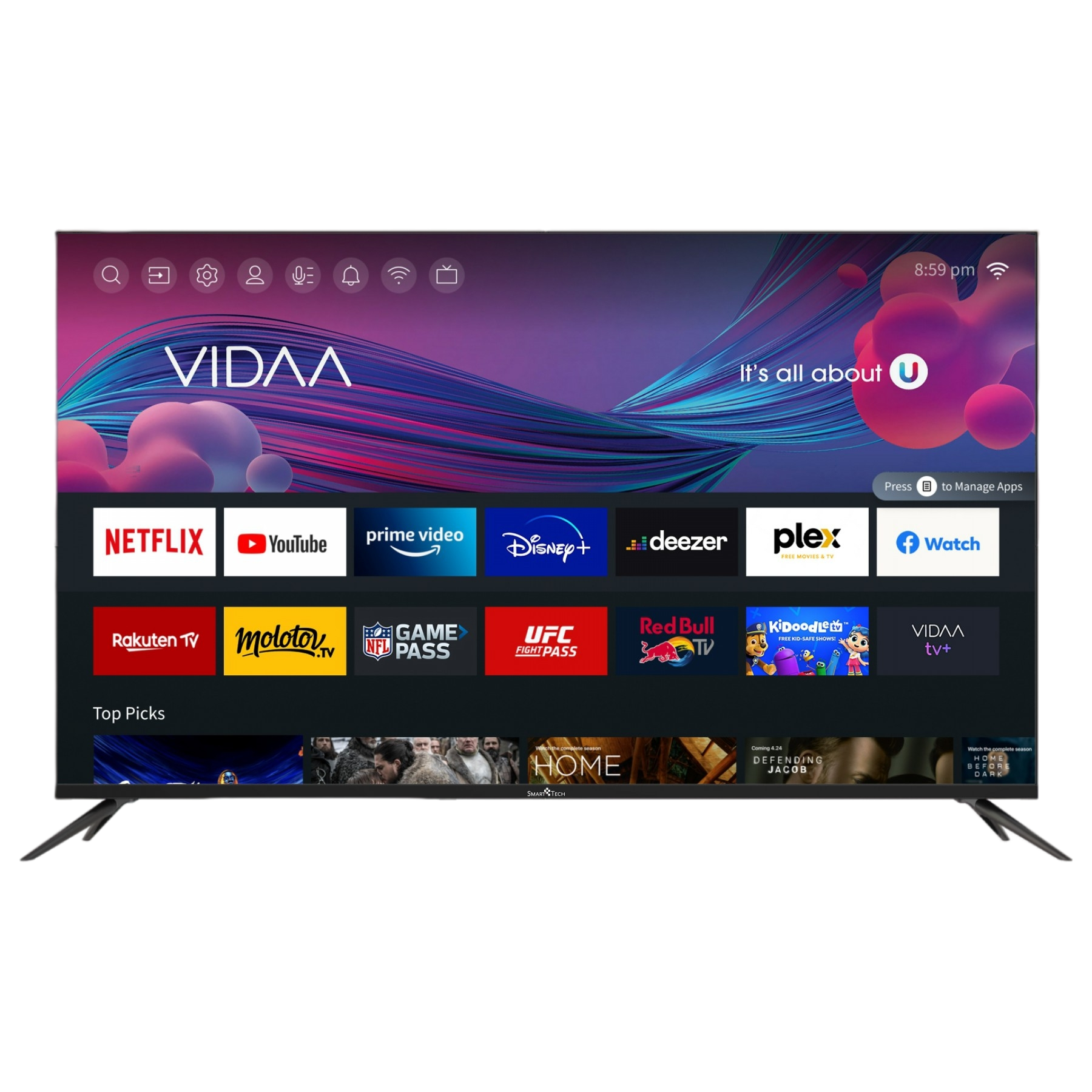 Duży ekran telewizora wyświetlający ikony aplikacji do streamingu i ciemne tło.