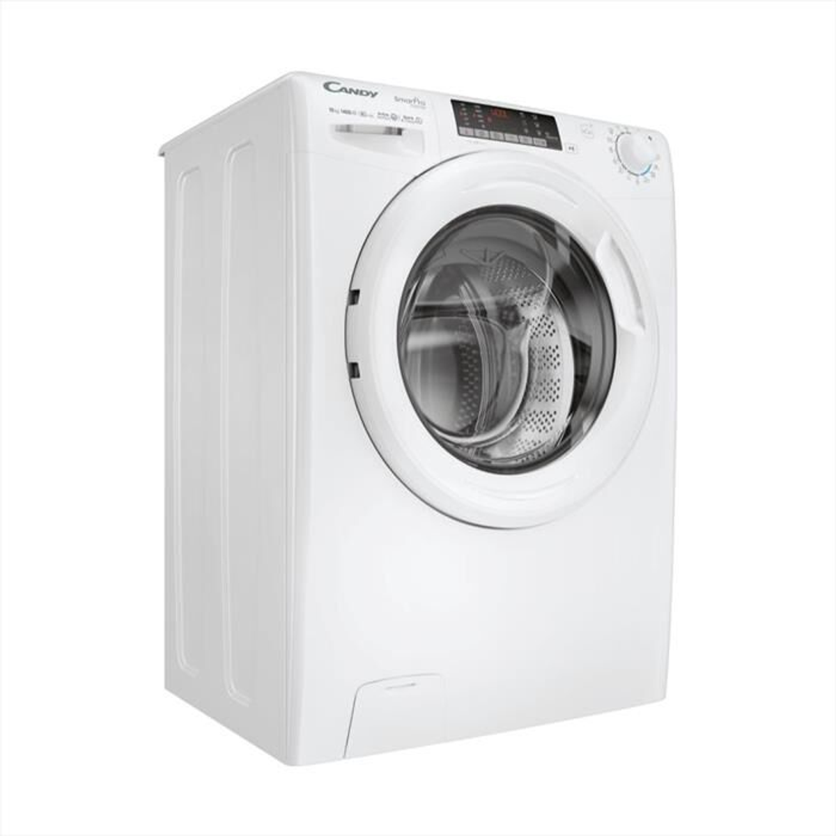 Lavatrice bianca con porta rotonda e display digitale. La porta è chiusa.