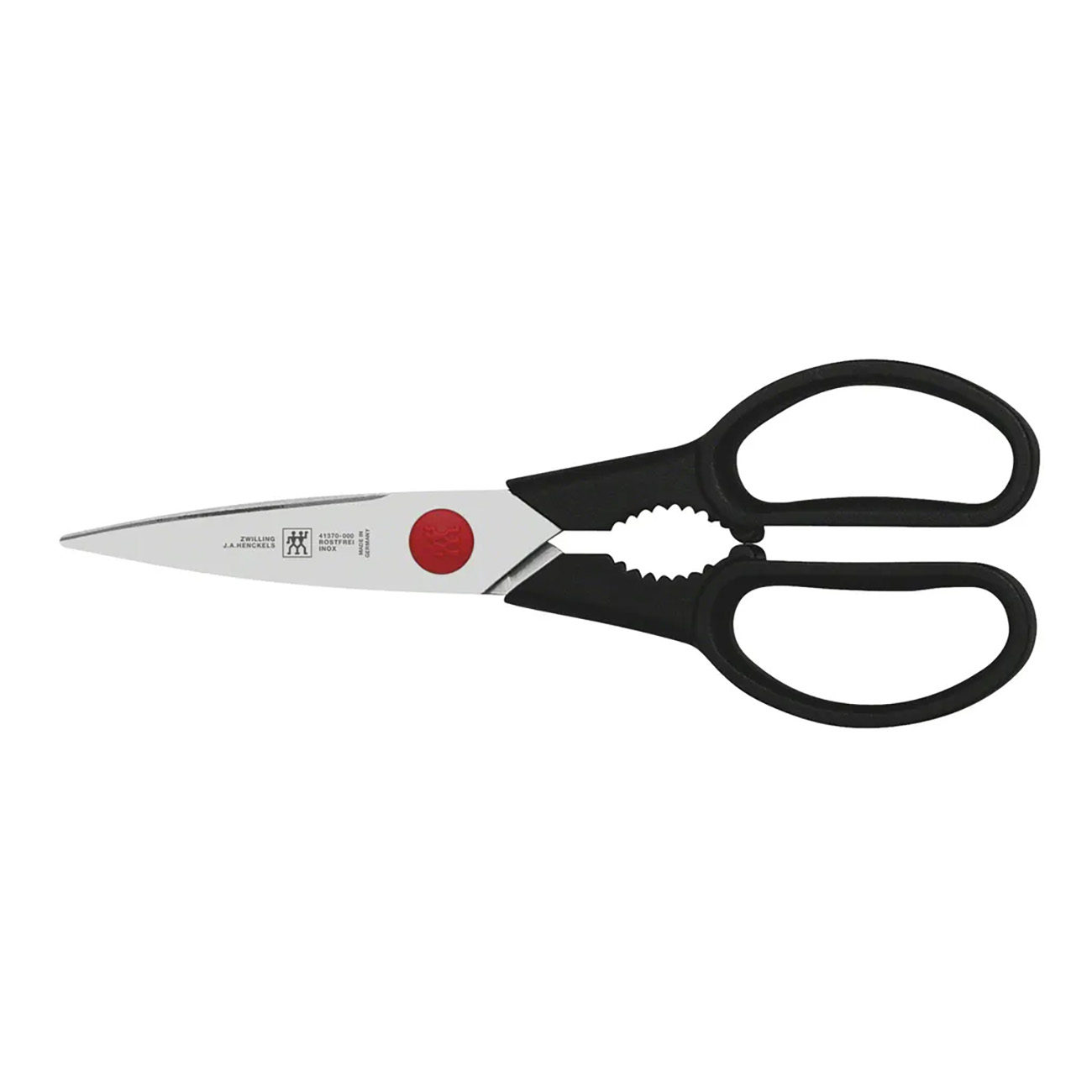 Schwarzgriffige Küchenschere mit roter Mitte und silbernen Klingen.