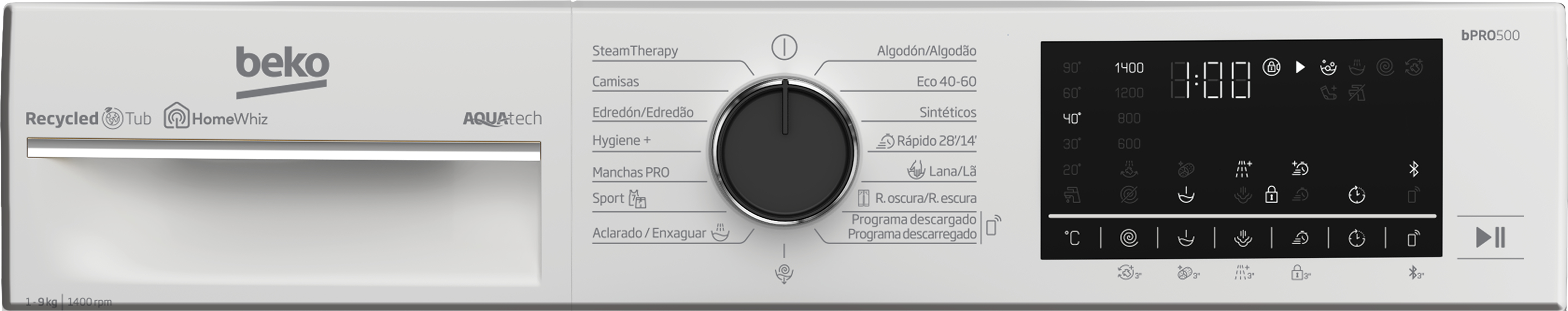 Primer plano del panel de control de una lavadora blanca con varios botones.