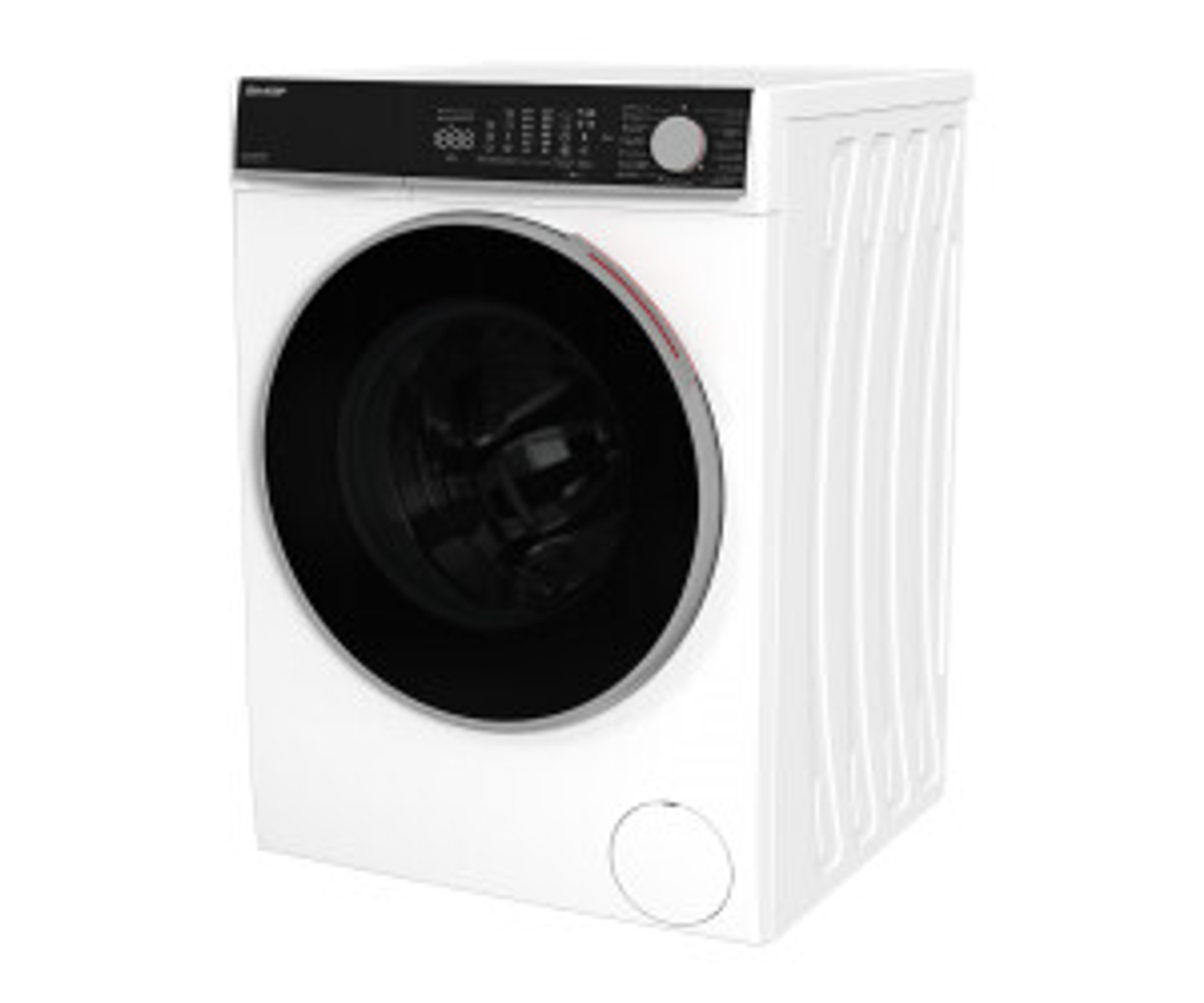 Una lavadora blanca con puerta y panel de control negros.