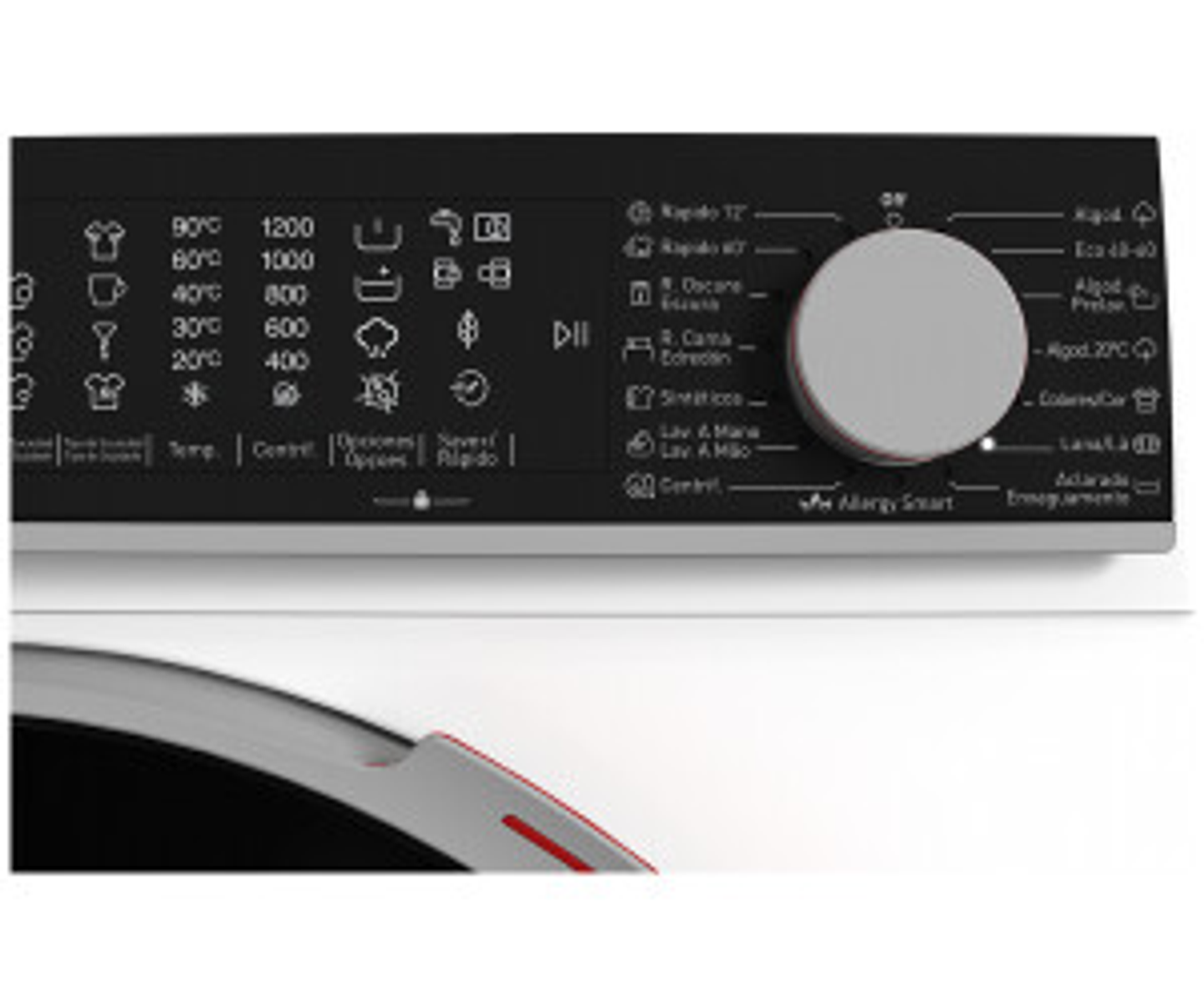 Primer plano del panel de control negro de la lavadora con símbolos y dial.