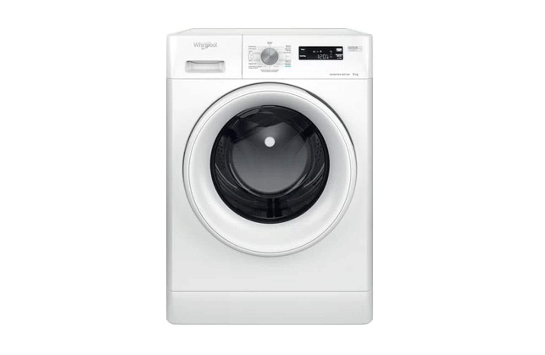 Lavadora Whirlpool blanca, vista frontal, con la puerta cerrada.