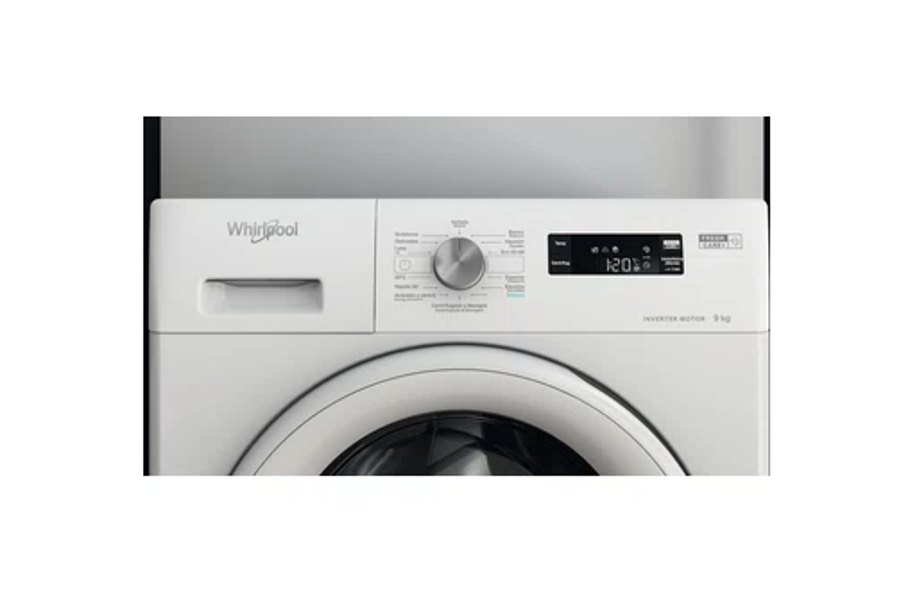 Panel de control de lavadora blanca. Cuenta con dial, pantalla y logo Whirlpool.