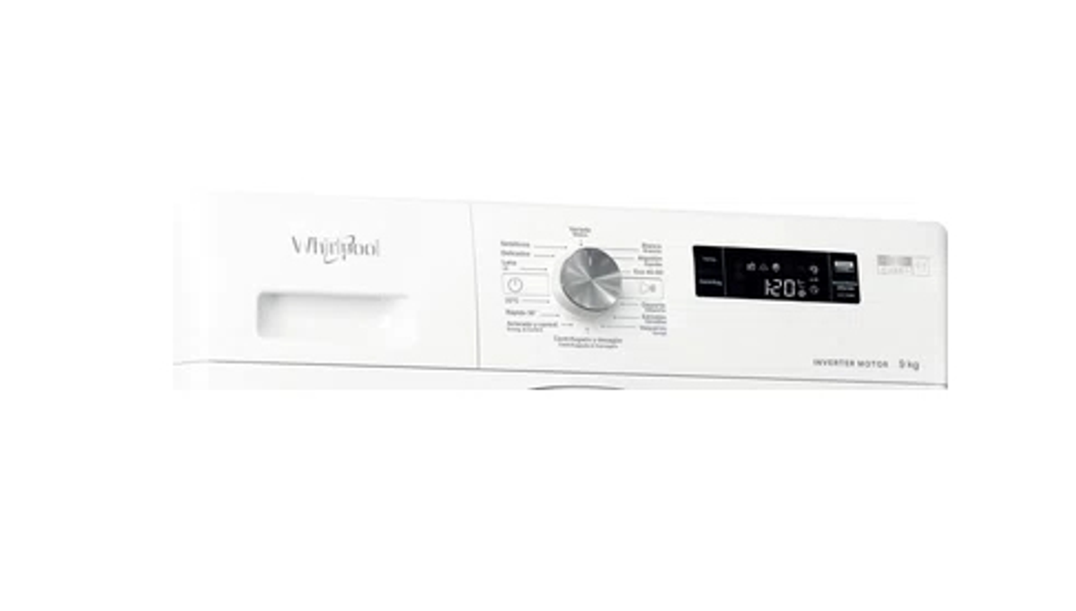 Panel de control de una lavadora Whirlpool, mostrando ajustes y pantalla.