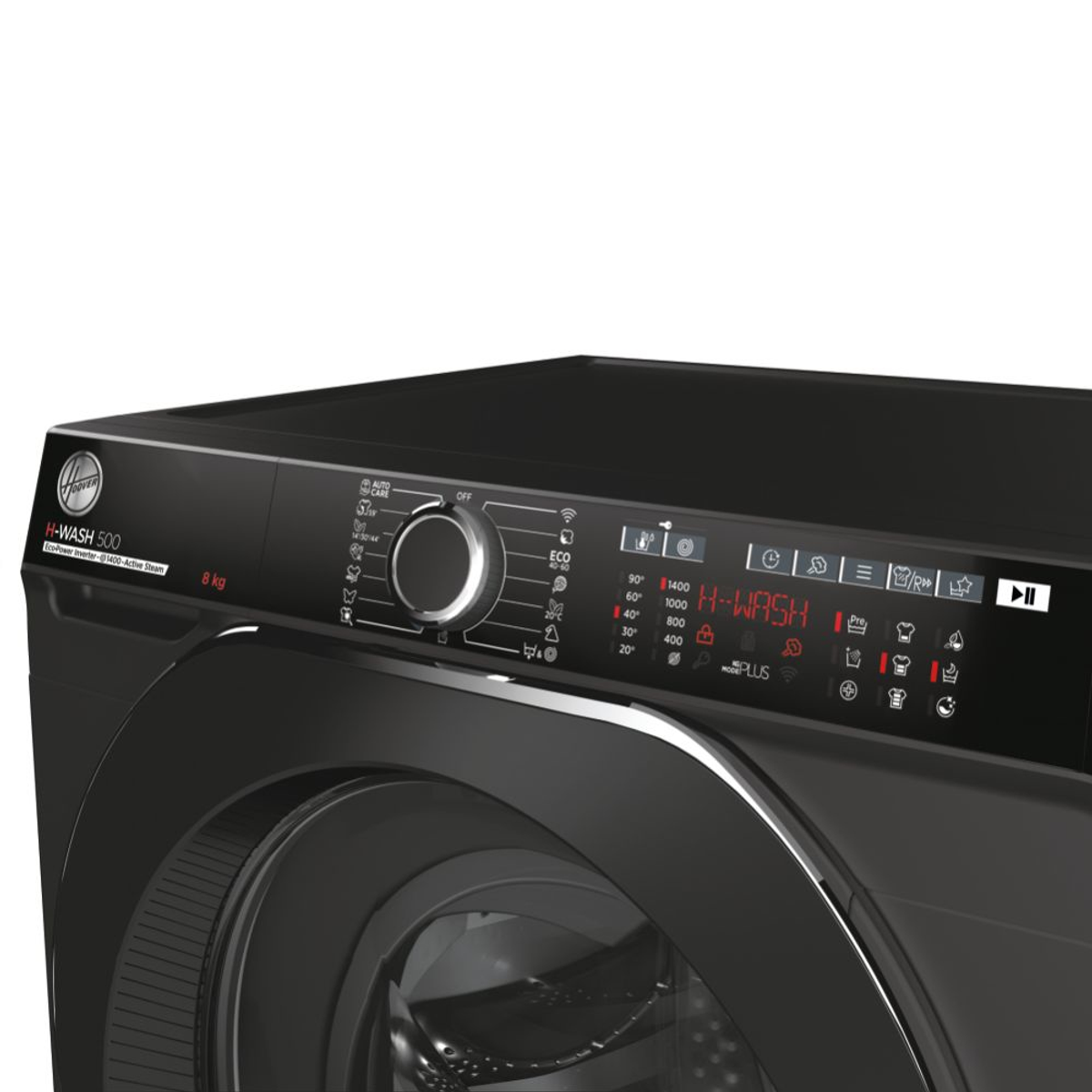 Lavadora negra. Pantalla muestra configuraciones. Visible la marca 'H-WASH 500'.