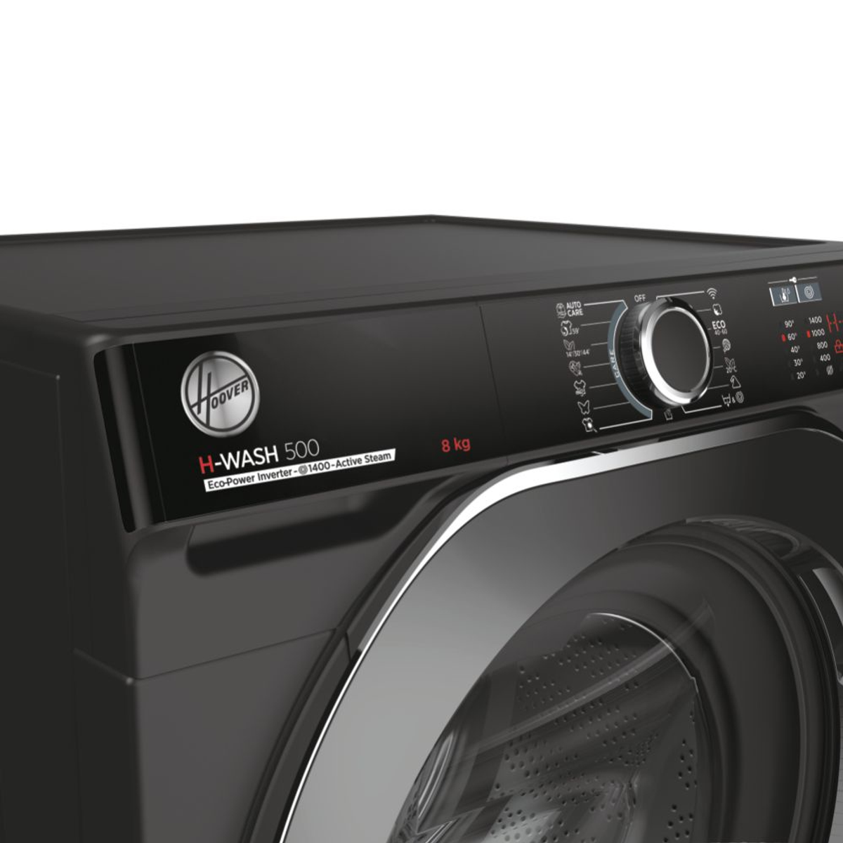 Lavadora, frontal negro, modelo H-WASH 500, con panel de control y pantalla digital.