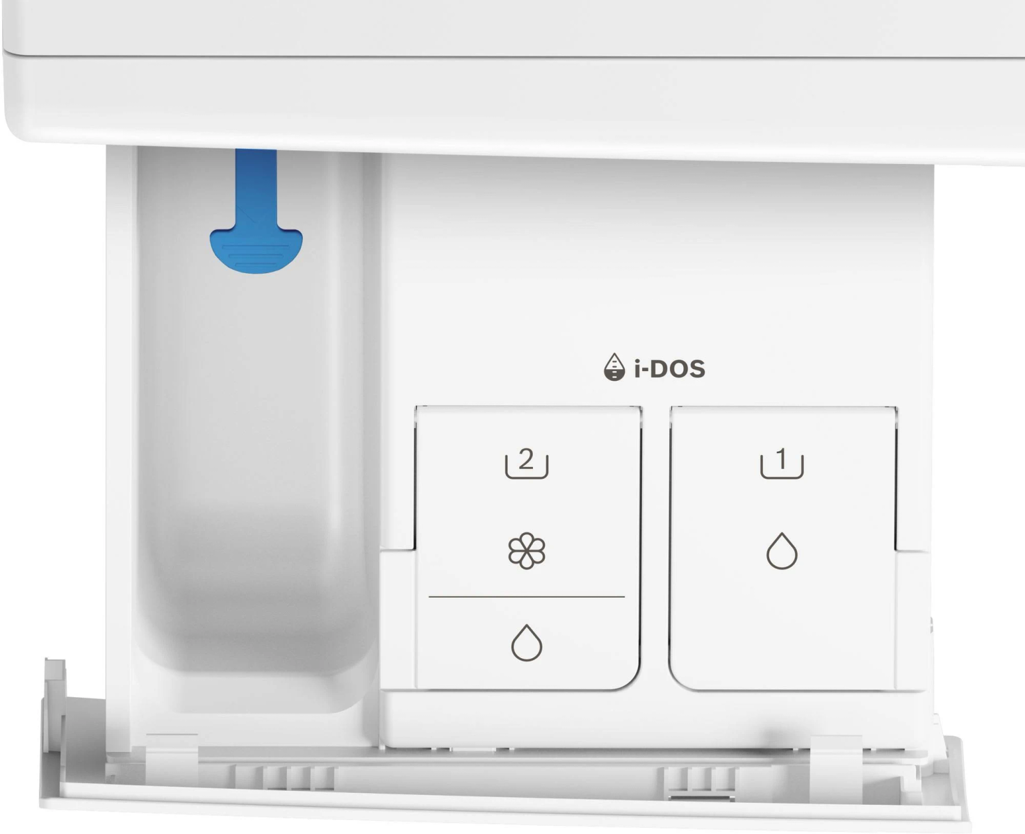 Primer plano del cajón de una lavadora blanca con compartimentos para detergente y suavizante. Logotipo i-DOS visible.