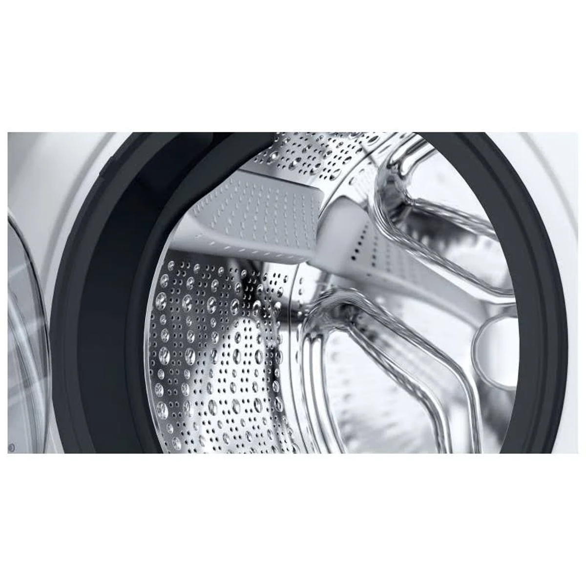 Zbliżenie bębna pralki pokazujące wnętrze i metal.