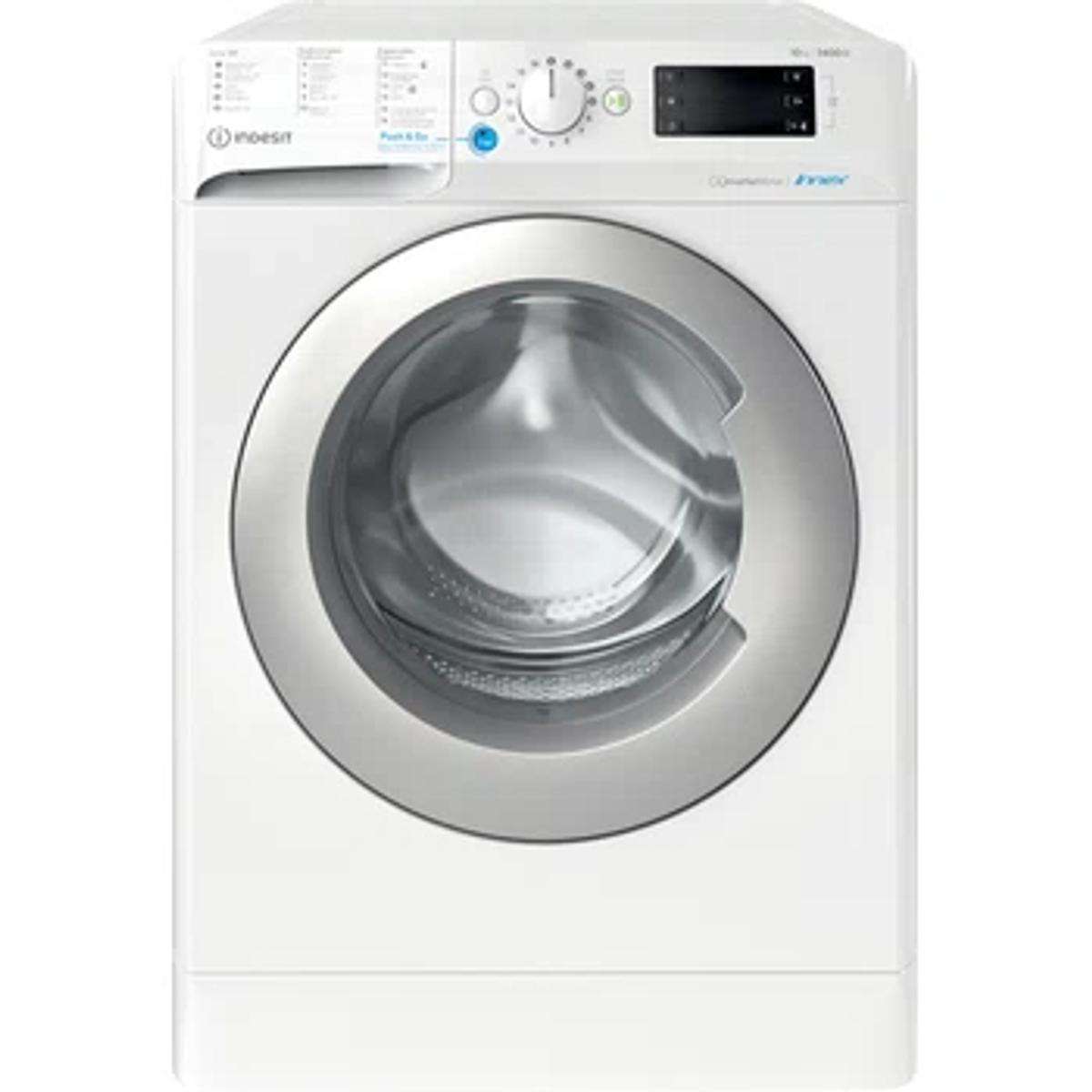 Lavadora Indesit blanca. Diseño de carga frontal. Puerta plateada. Panel de control arriba. Vista frontal.