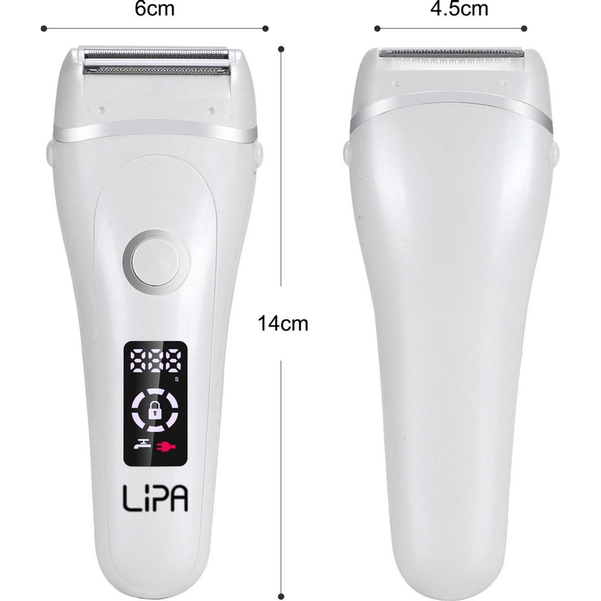 Elektryczna golarka dla kobiet, biała, wymiary: 6cm x 14cm x 4,5cm.