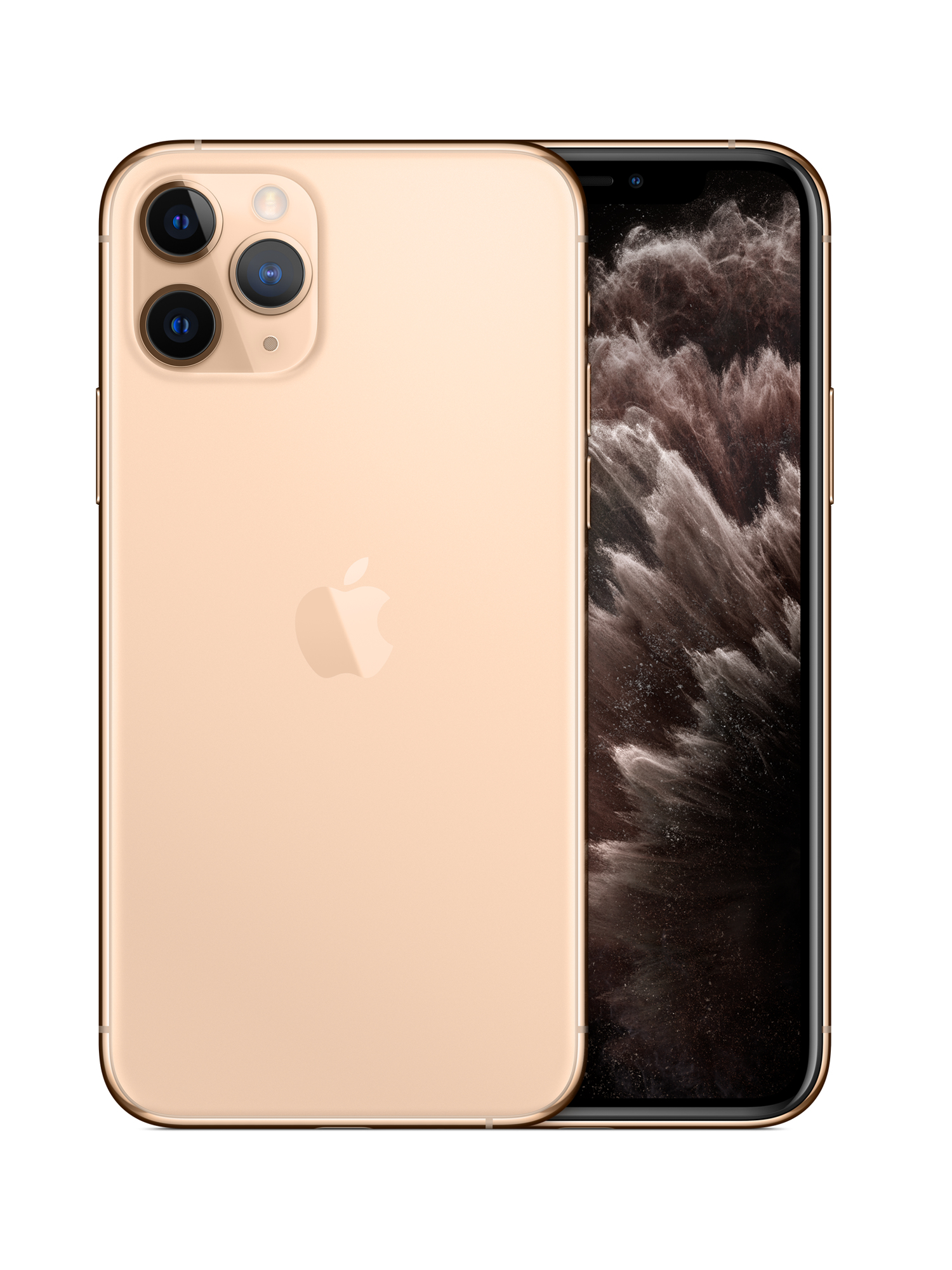 Złoty iPhone 11 Pro, pokazujący tył z logo Apple i przód z włączonym ekranem.