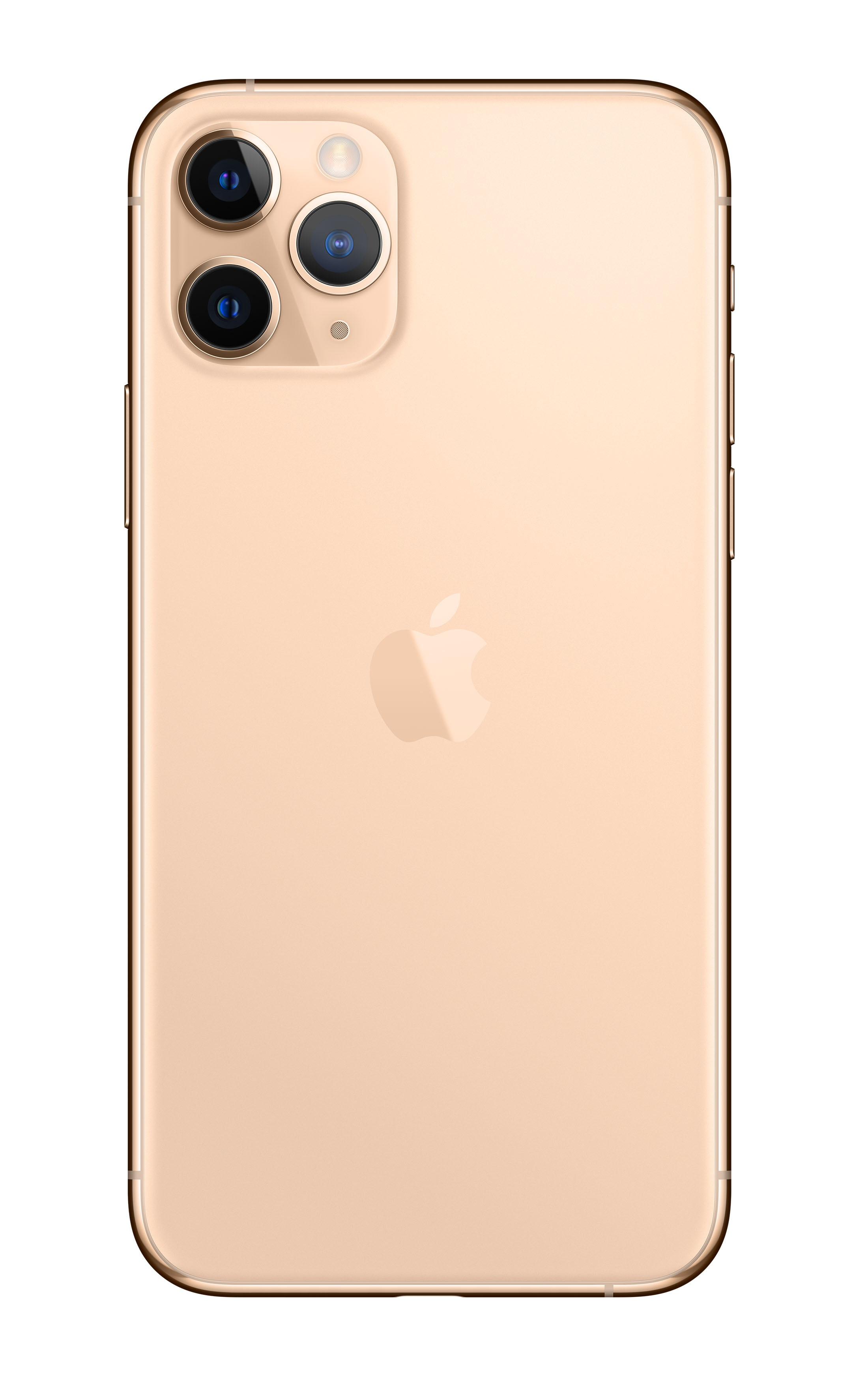 Złoty iPhone 11 Pro na białym tle, tył pokazujący kamery i logo Apple.