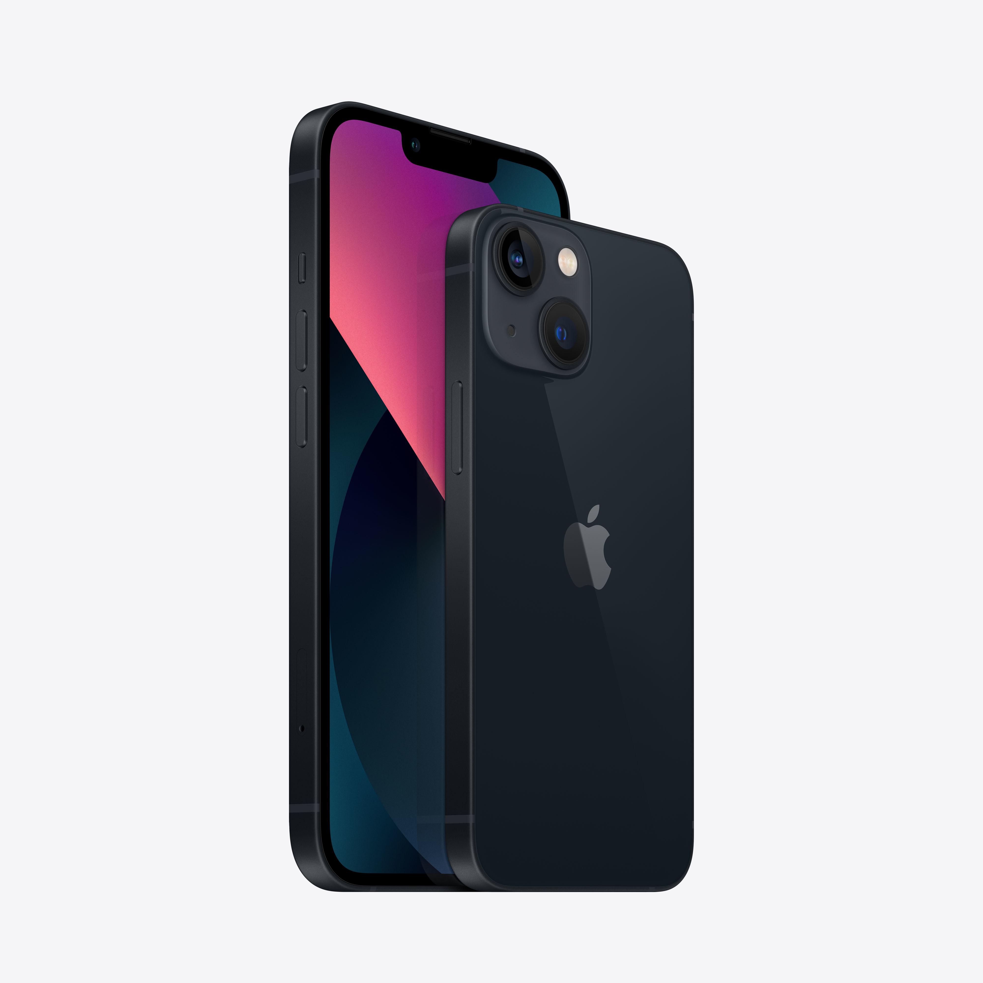 Due smartphone neri. Uno mostra uno schermo rosa e blu. Logo Apple sul retro.