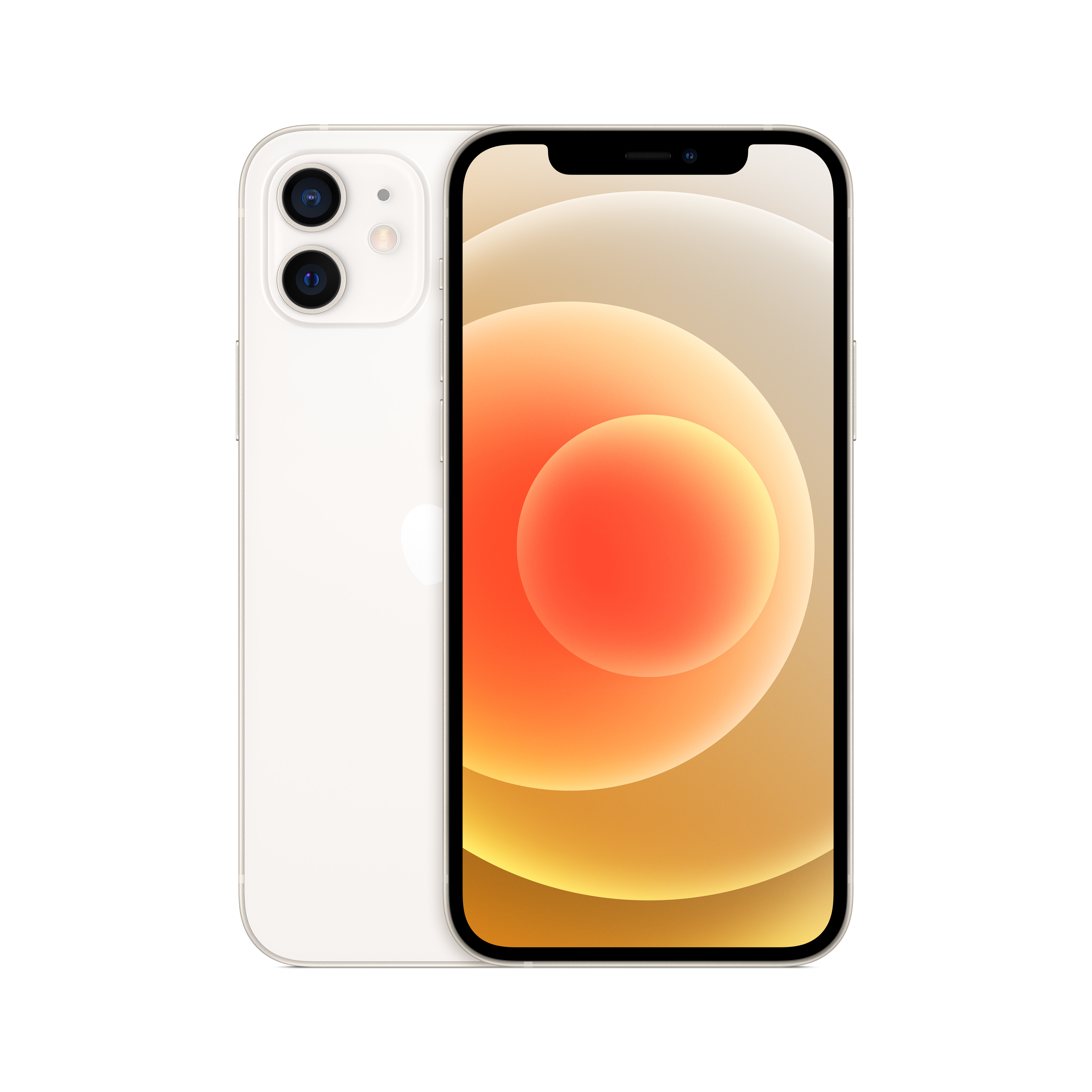 iPhone 12 blanco con dos cámaras traseras y una pantalla que muestra un fondo colorido.