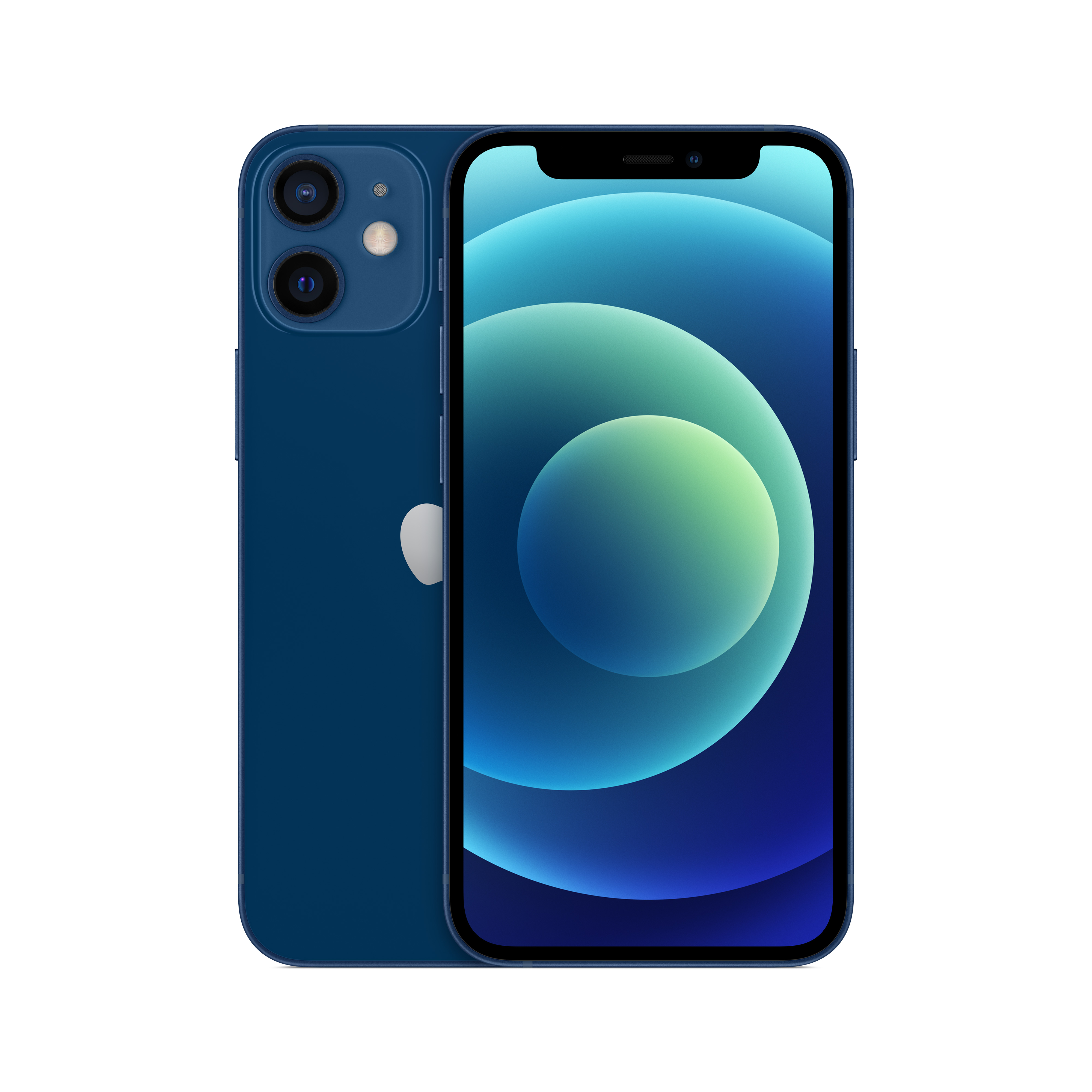Un iPhone 12 blu su sfondo bianco, con un display colorato sullo schermo.