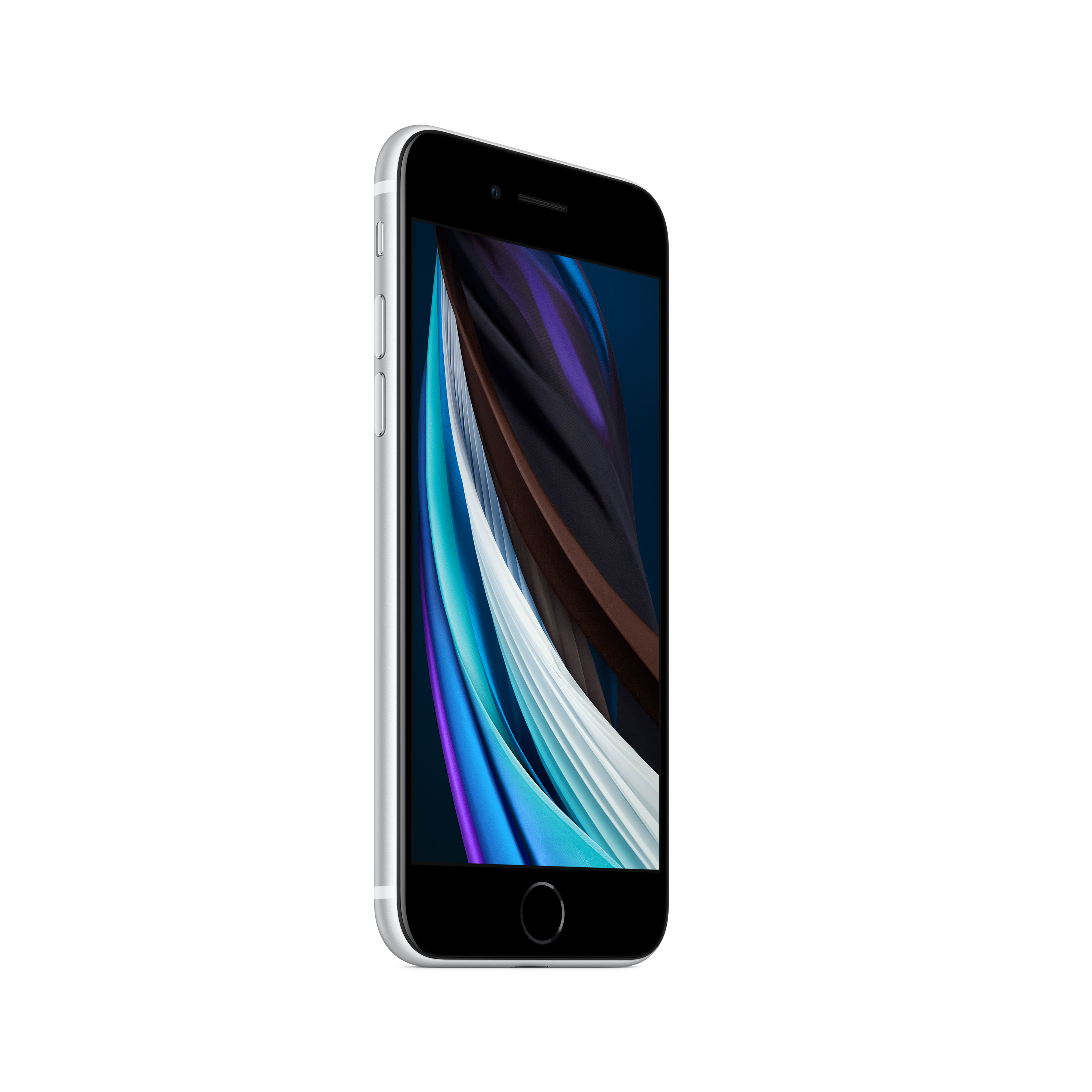 Srebrny iPhone z czarnym ekranem. Telefon jest pochylony, pokazując ekran i boczne przyciski.