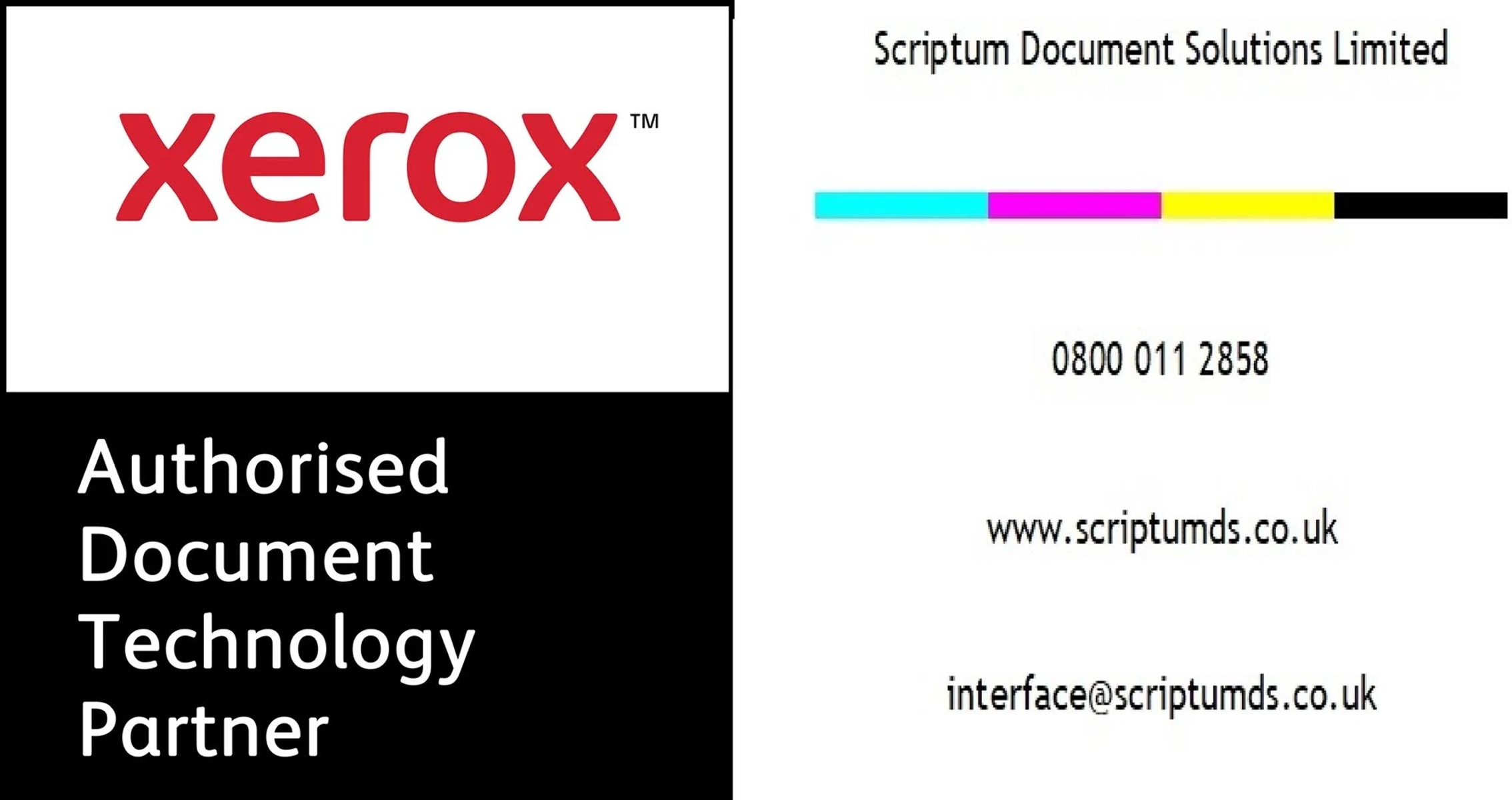 Logo Xerox obok tekstu 'Authorised Document Technology Partner' i danych kontaktowych Scriptum.
