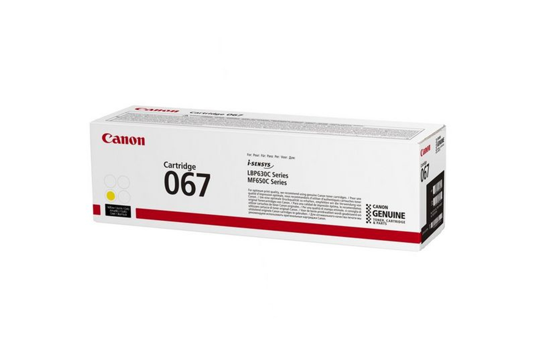 Pudełko z wkładem do drukarki Canon. Żółta etykieta z napisem 'Cartridge 067'. Białe tło.