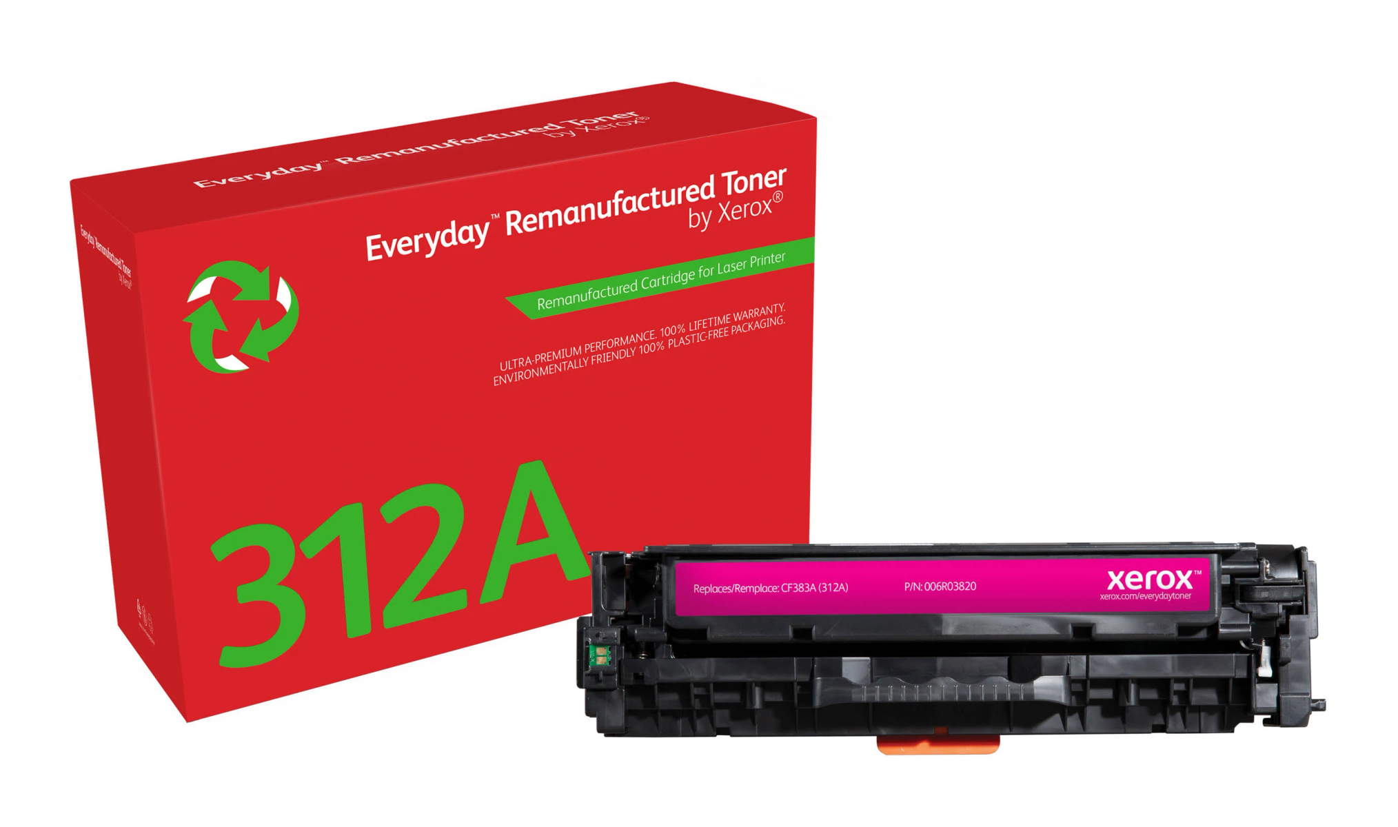 Una scatola rossa con 'Everyday Remanufactured Toner by Xerox' e una cartuccia toner magenta.