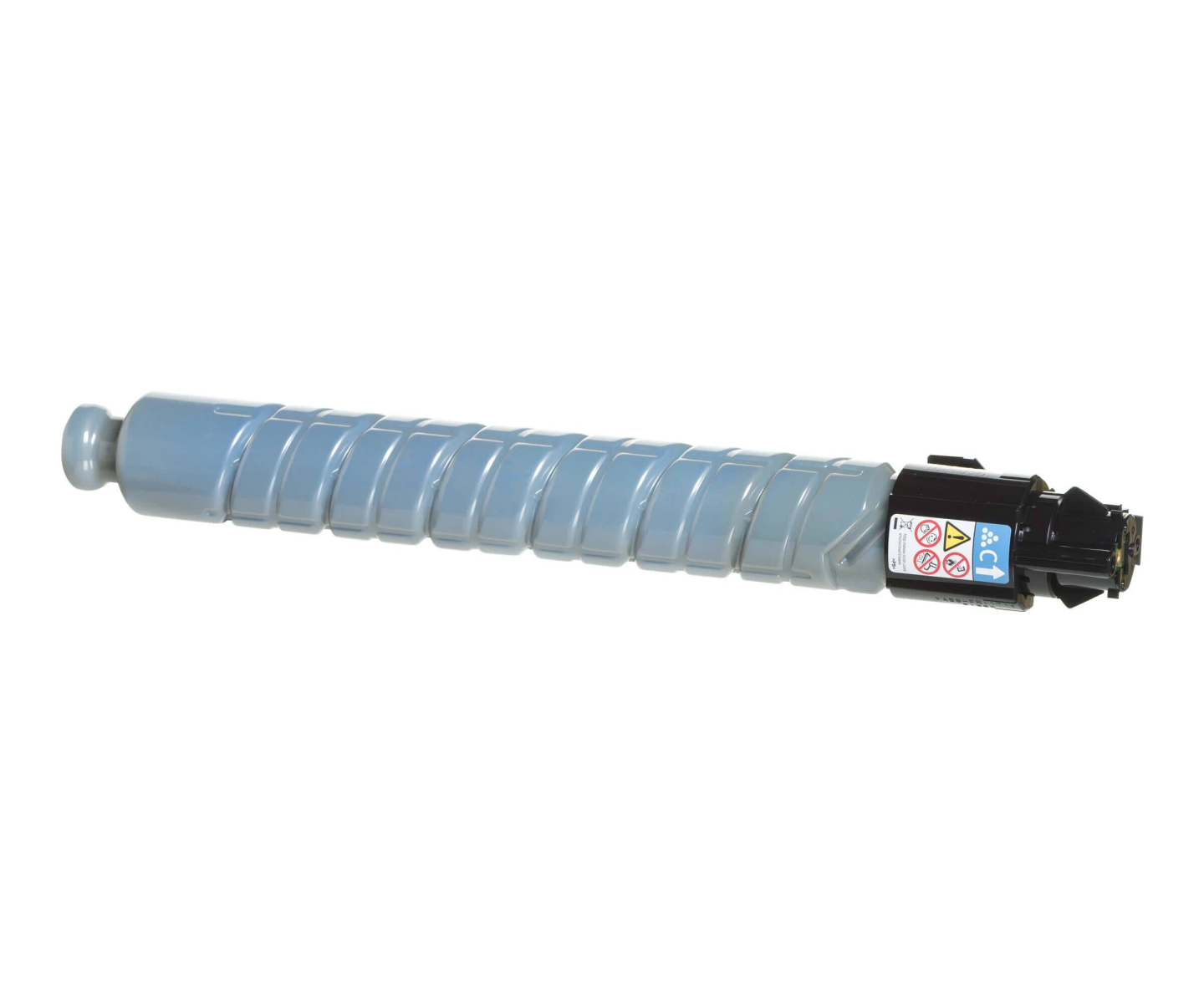 Cyaan tonercartridge, grijze behuizing, zwart uiteinde met veiligheidslabels, witte achtergrond.