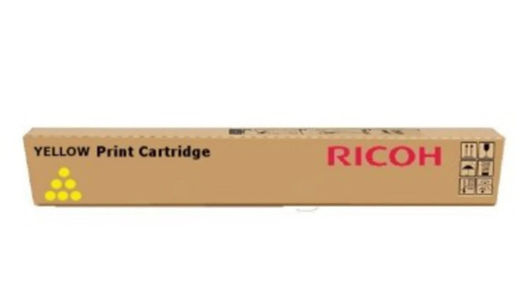 Żółte pudełko z wkładem drukującym z napisem 'YELLOW Print Cartridge' i logo Ricoh.