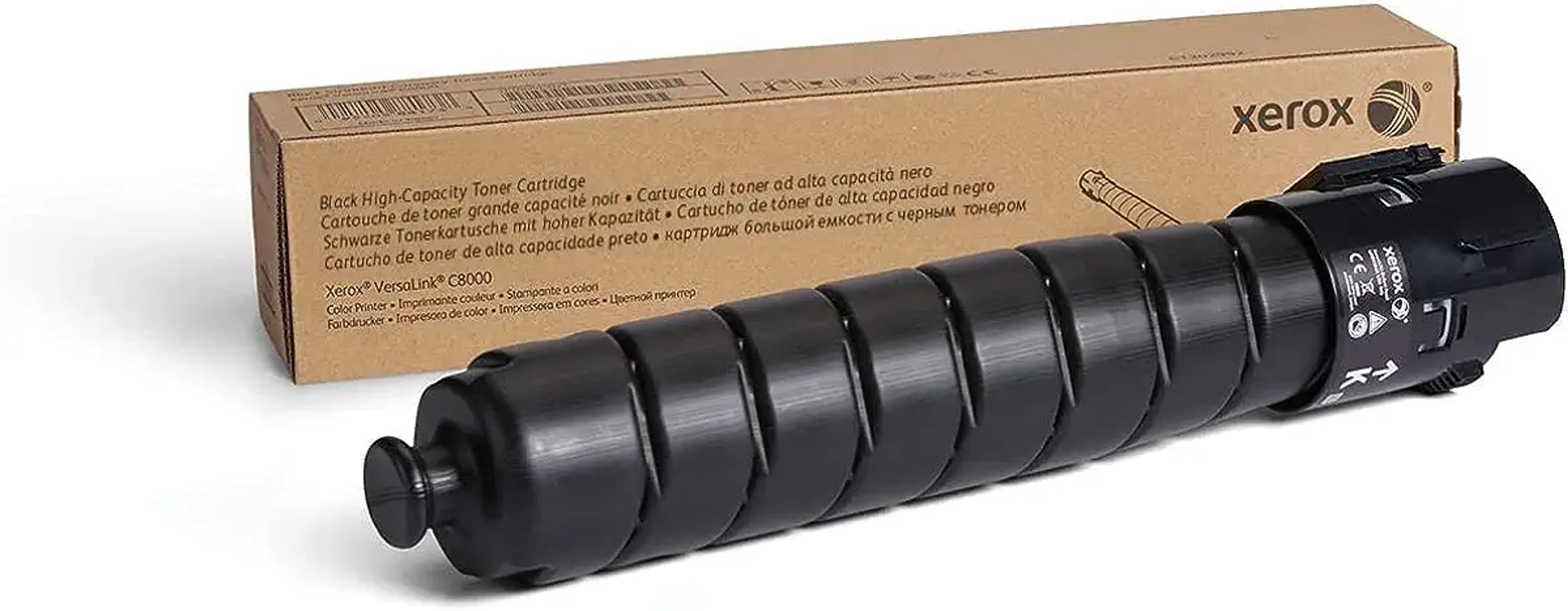 Czarny toner z opakowaniem i marką Xerox.