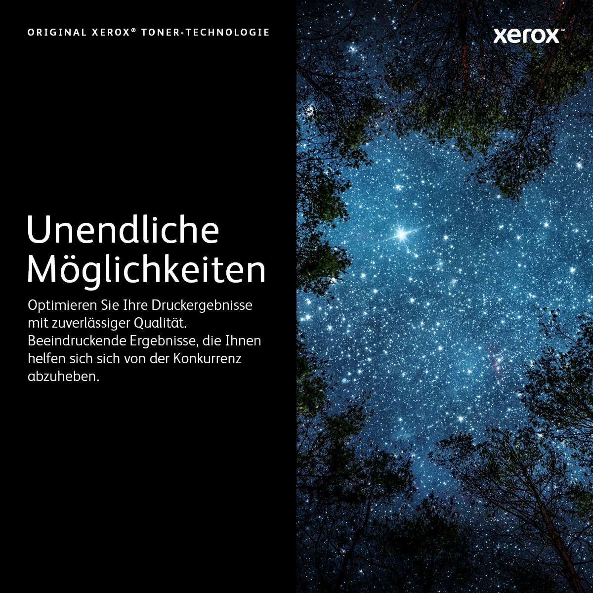 Annuncio Xerox con cielo stellato e alberi. Testo in tedesco: "Unendliche Möglichkeiten".