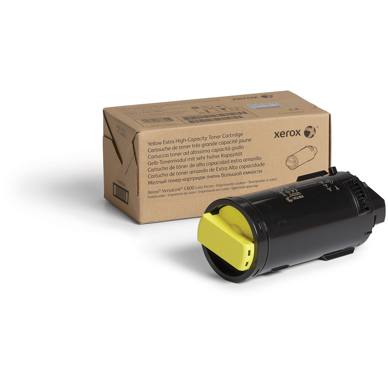 Cartuccia toner gialla con scatola, marca Xerox. Cartuccia nera con leva gialla, scatola marrone.