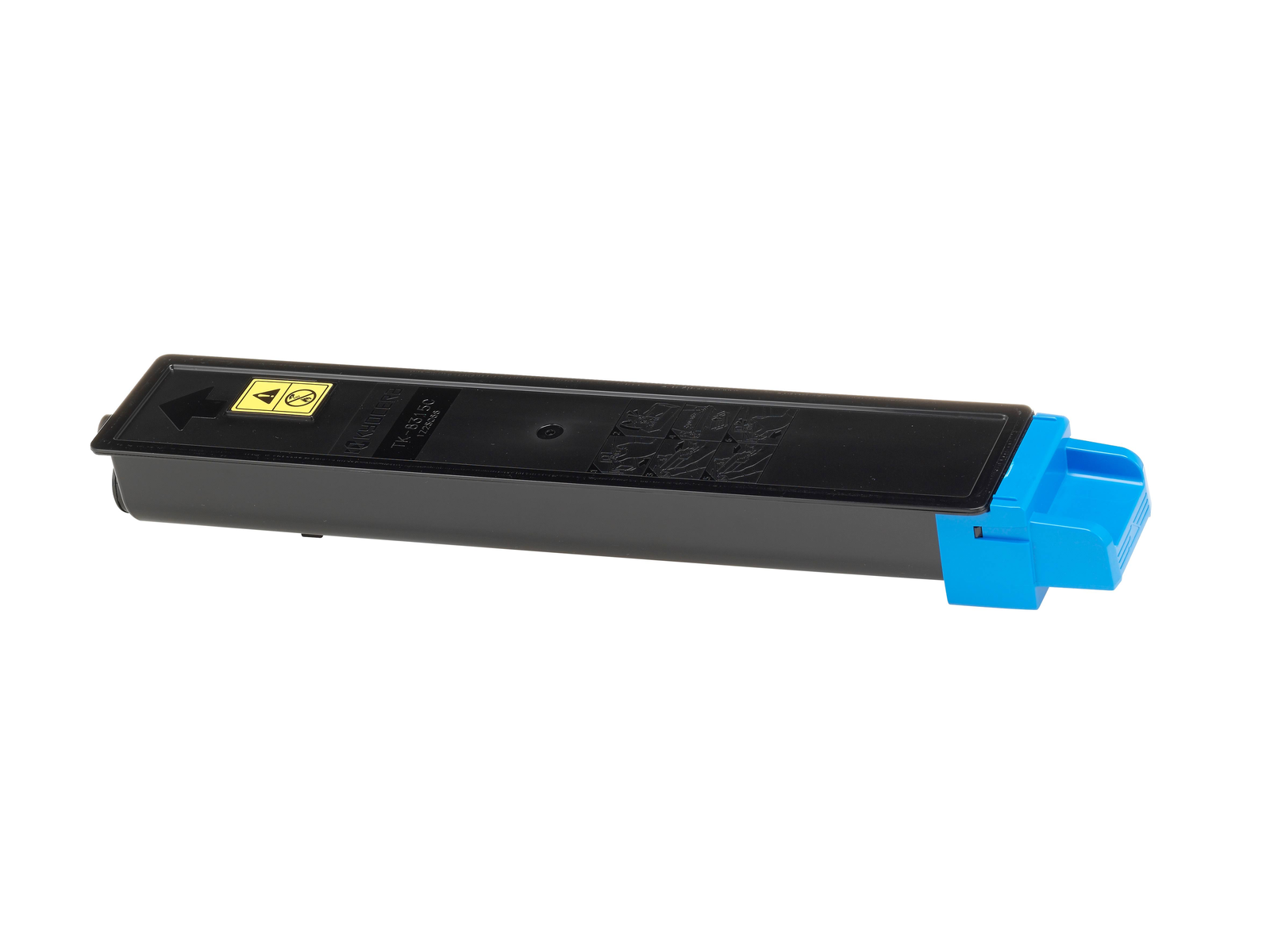Zwarte en blauwe tonercartridge met een geel waarschuwingslabel. Witte achtergrond.
