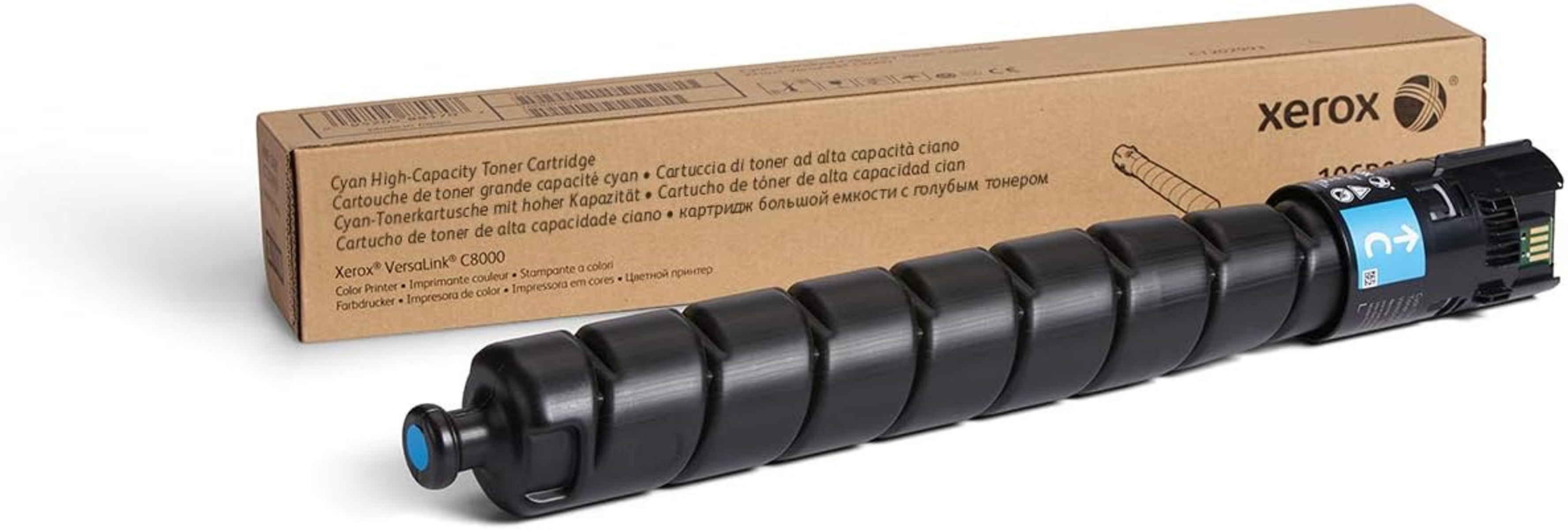 Wkład z tonerem cyjan Xerox i pudełko, czarny z niebieskim końcem.