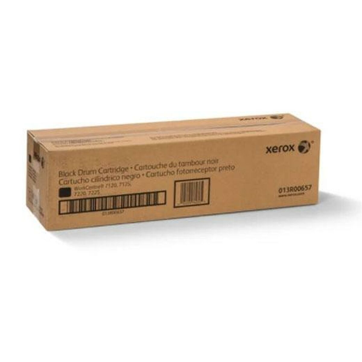 Una scatola di cartone marrone con l'etichetta "Black Drum Cartridge" e "Xerox". È su sfondo bianco.