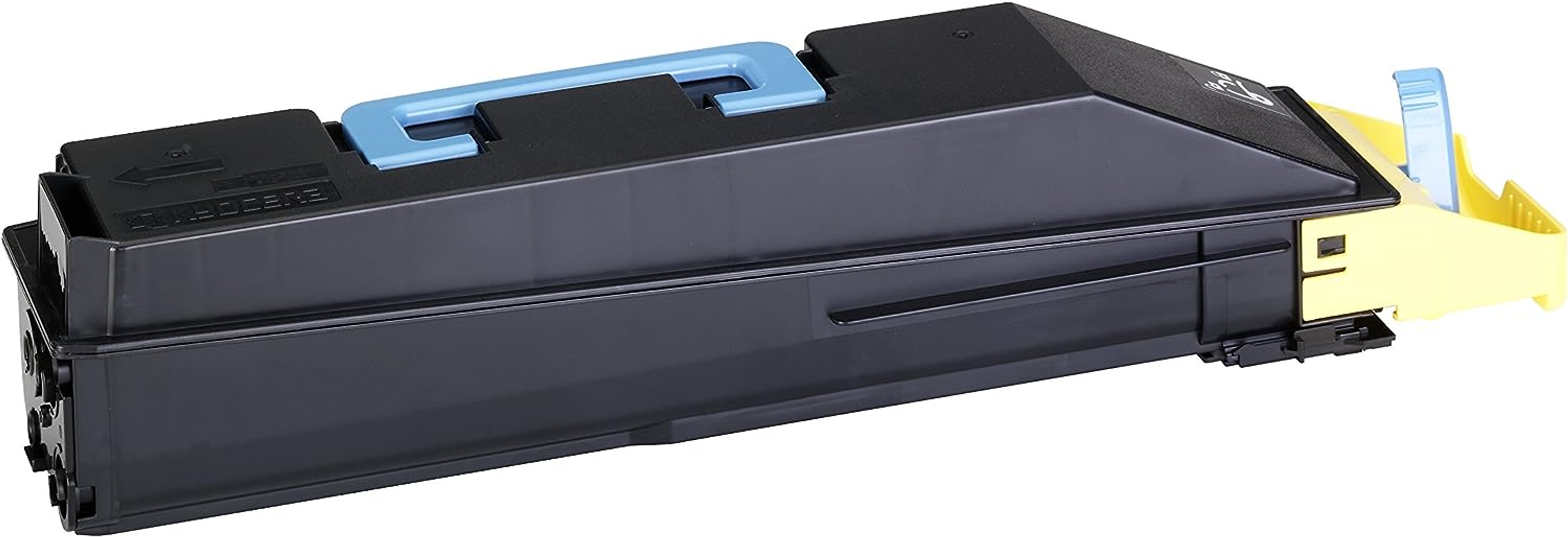 Czarny wkład z tonerem z jasnoniebieskimi i żółtymi detalami. Marka Kyocera.