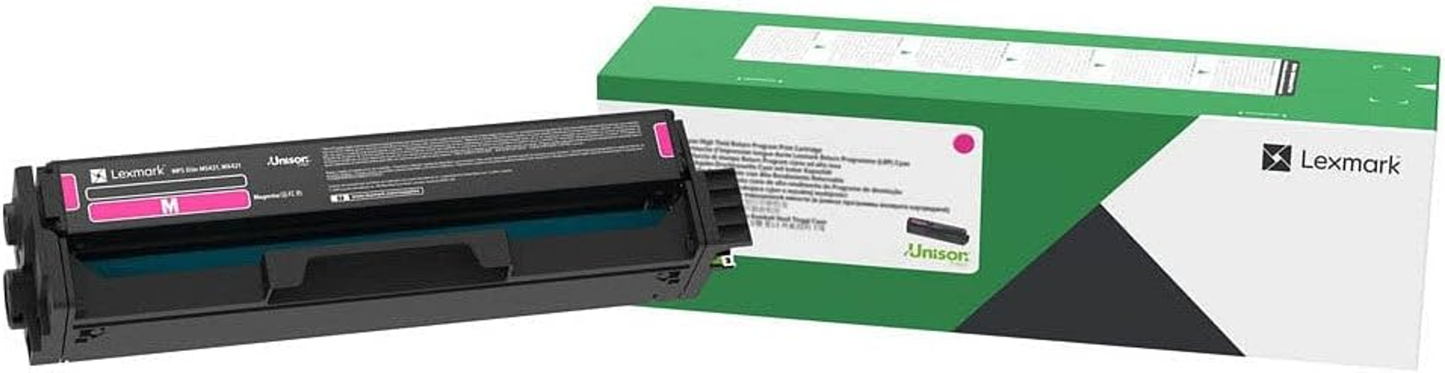 Toner Lexmark M i zielone pudełko. Wkład jest czarny z różowymi akcentami, a pudełko ma logo Lexmark.