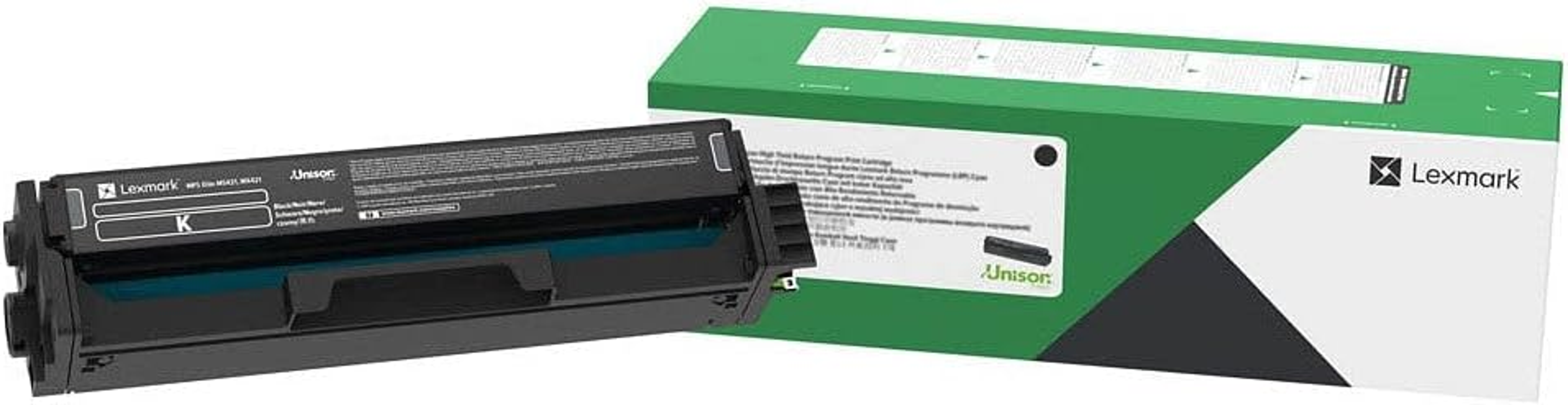 Schwarze Lexmark Tonerkartusche mit grüner und weißer Box, Text 'Unison' sichtbar.