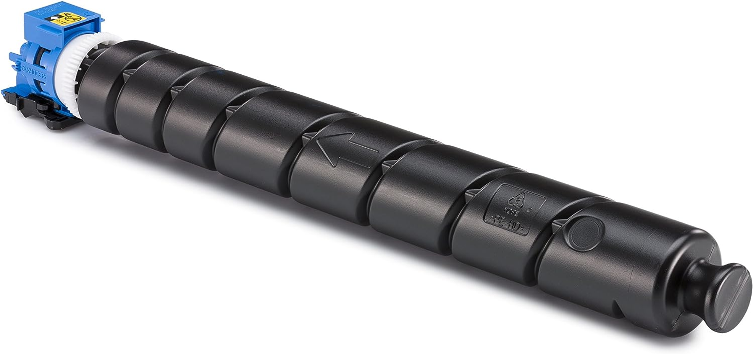 Czarny wkład z tonerem do drukarki, z niebiesko-białym złączem. Białe tło.