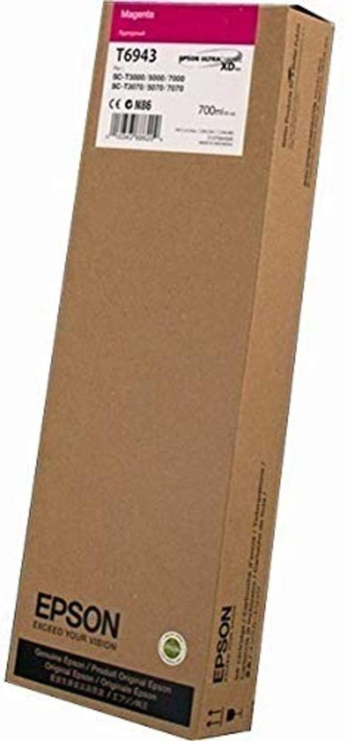 Una caja alta y rectangular de tinta magenta para impresora, con información de marca y producto.